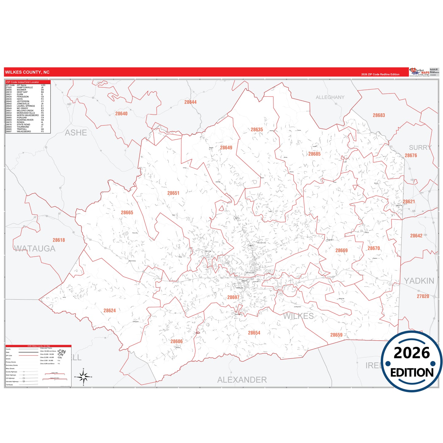 Wilkes County, NC Red Line 5 Digit ZIP Code Wall Map
