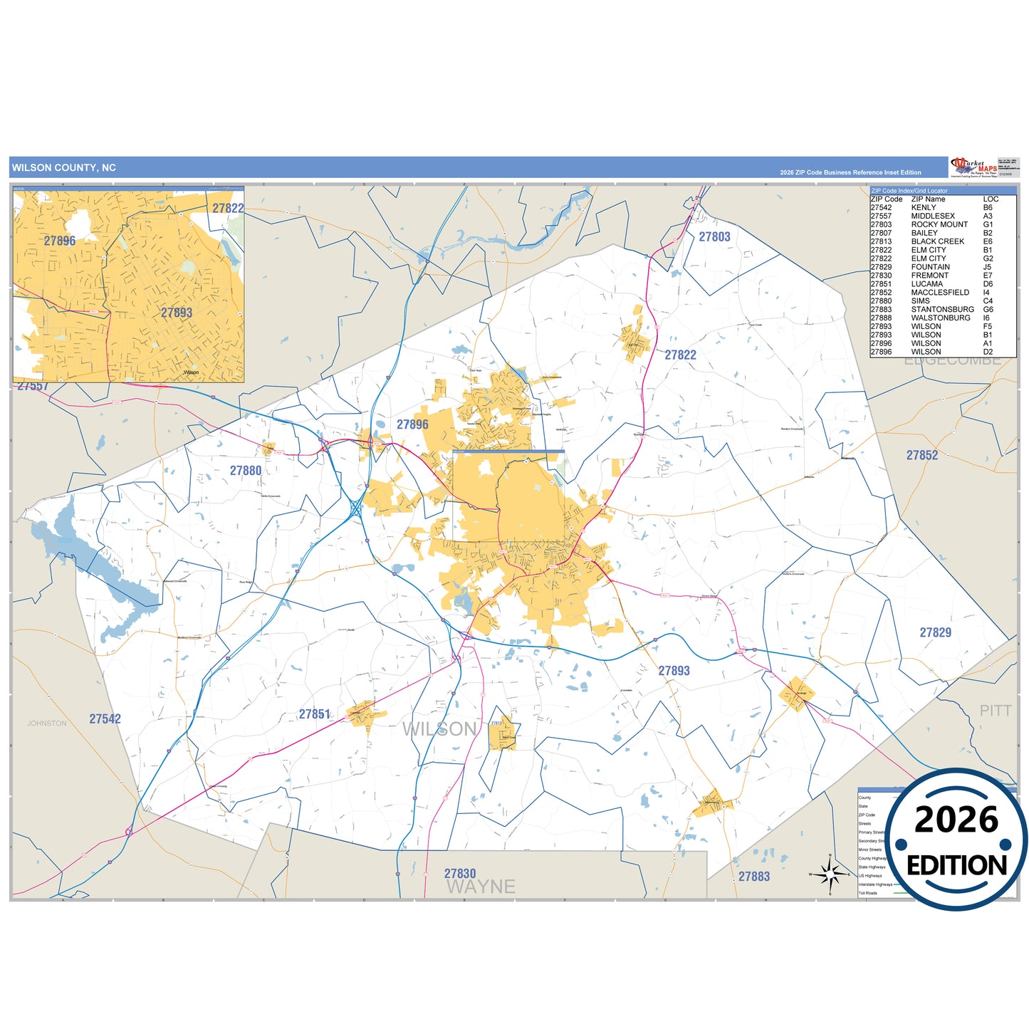 Wilson County, NC Business Reference 5 Digit ZIP Code Wall Map