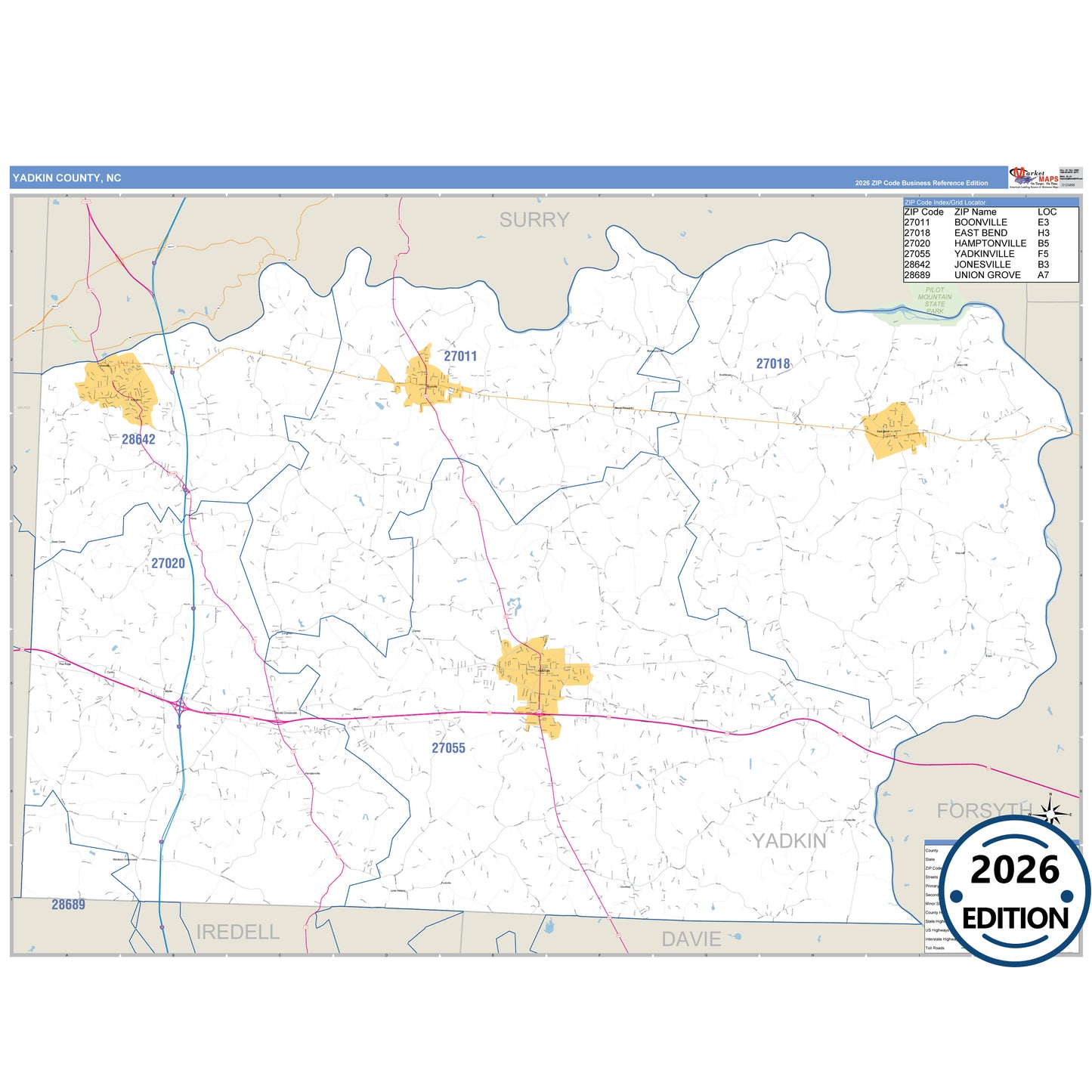 Yadkin County, NC Business Reference 5 Digit ZIP Code Wall Map