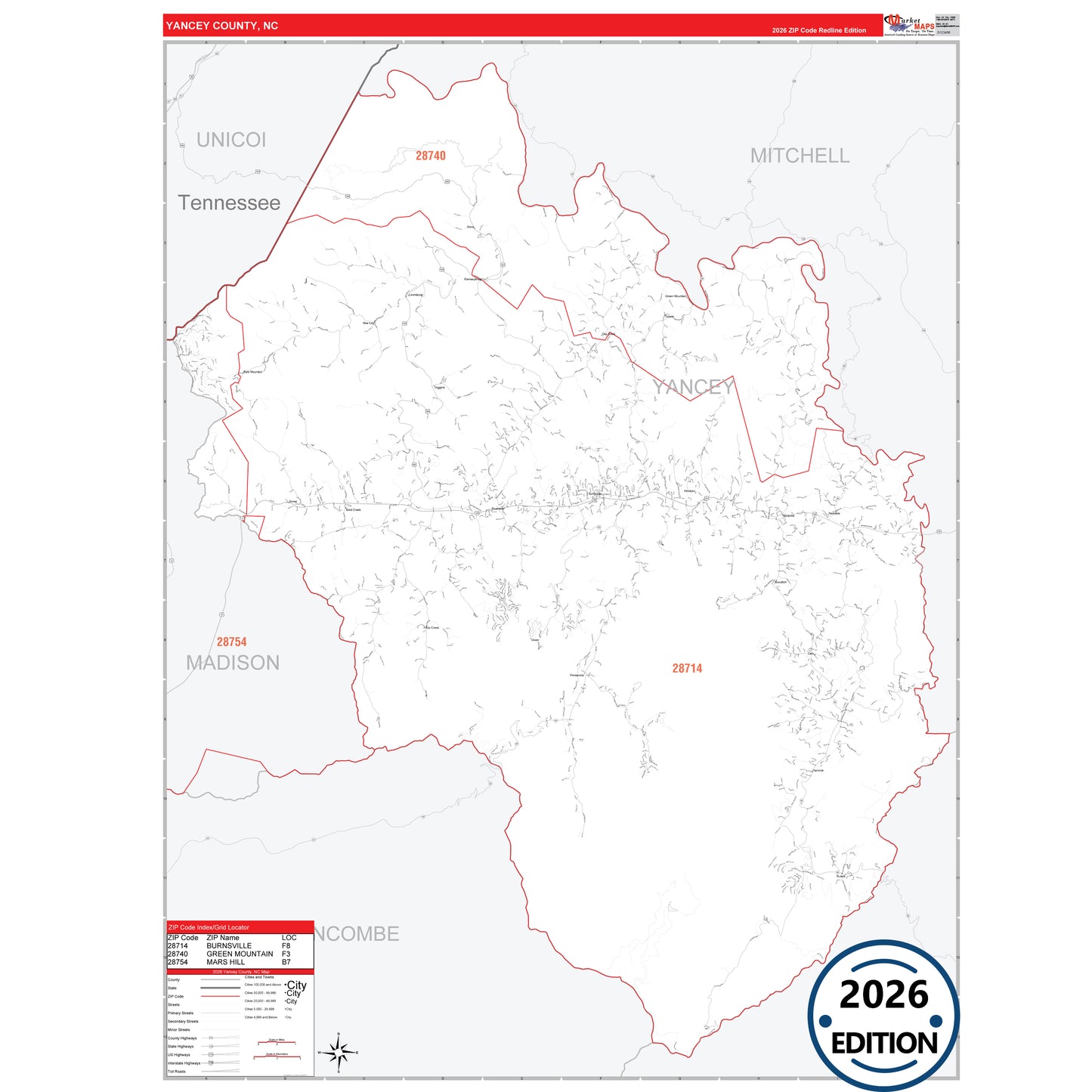 Yancey County, NC Red Line 5 Digit ZIP Code Wall Map