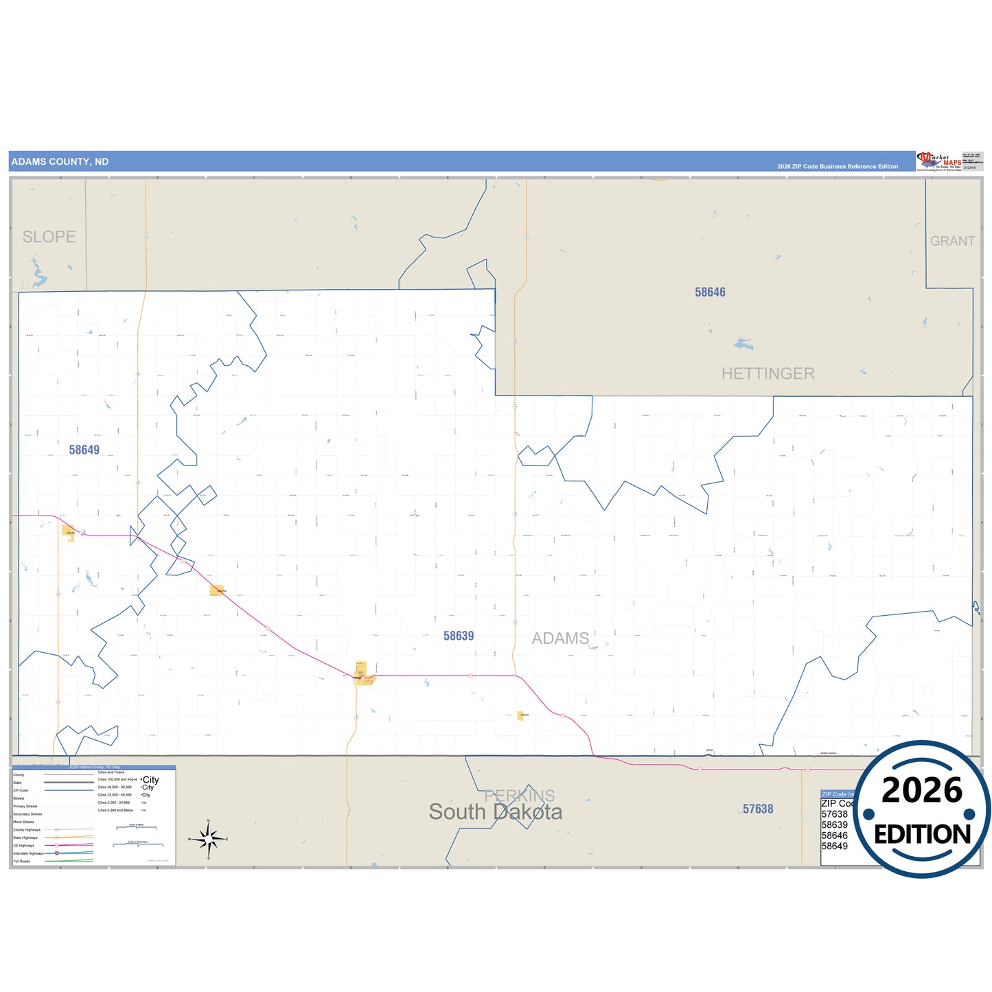 Adams County, ND Business Reference 5 Digit ZIP Code Wall Map
