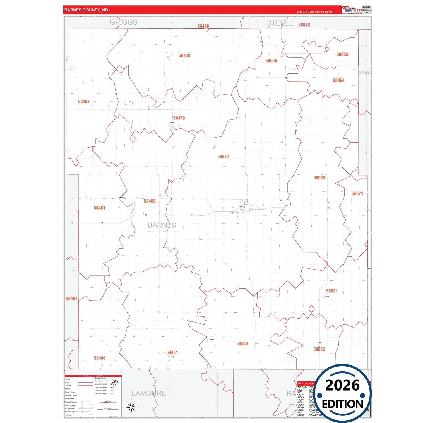 Barnes County, ND Red Line 5 Digit ZIP Code Wall Map