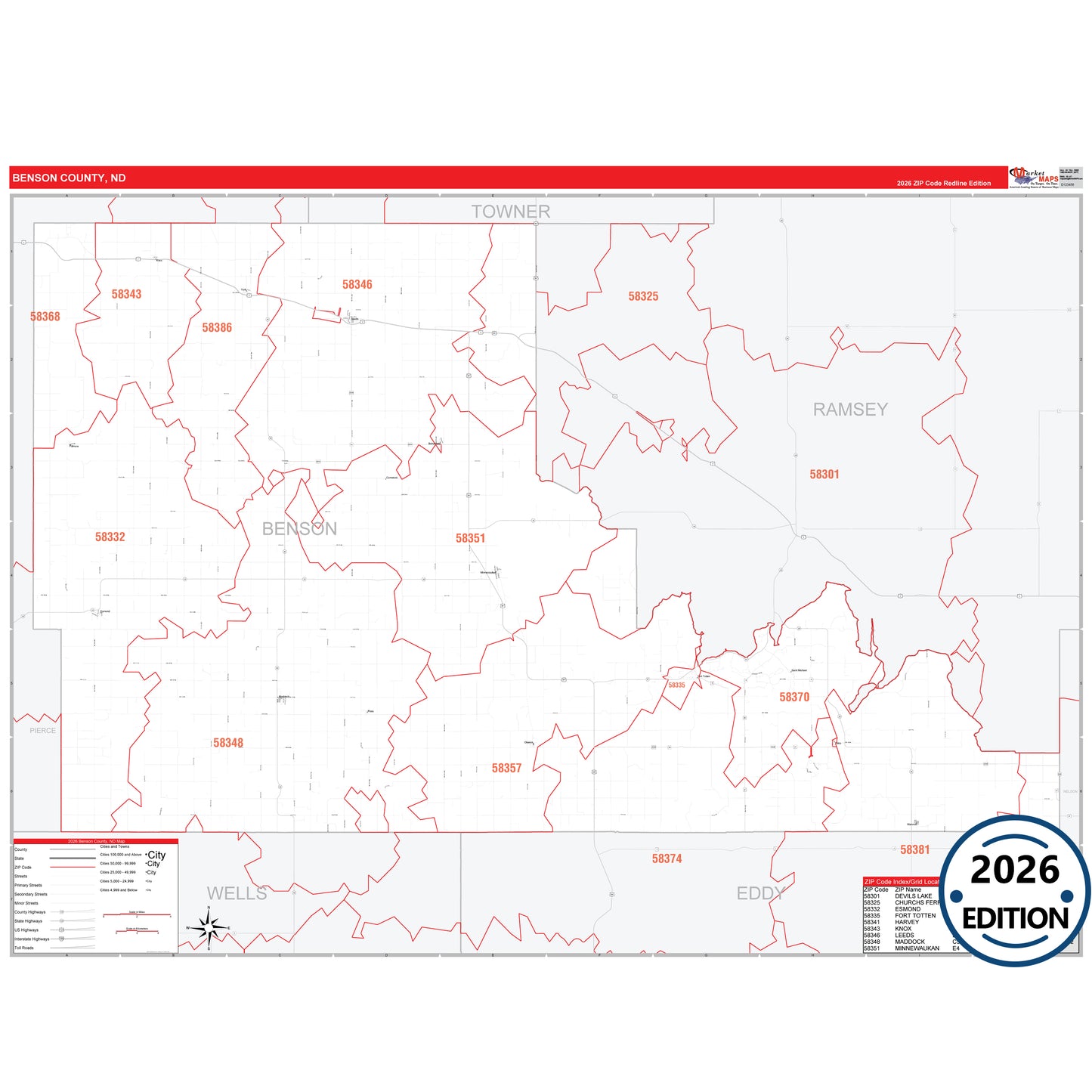 Benson County, ND Red Line 5 Digit ZIP Code Wall Map
