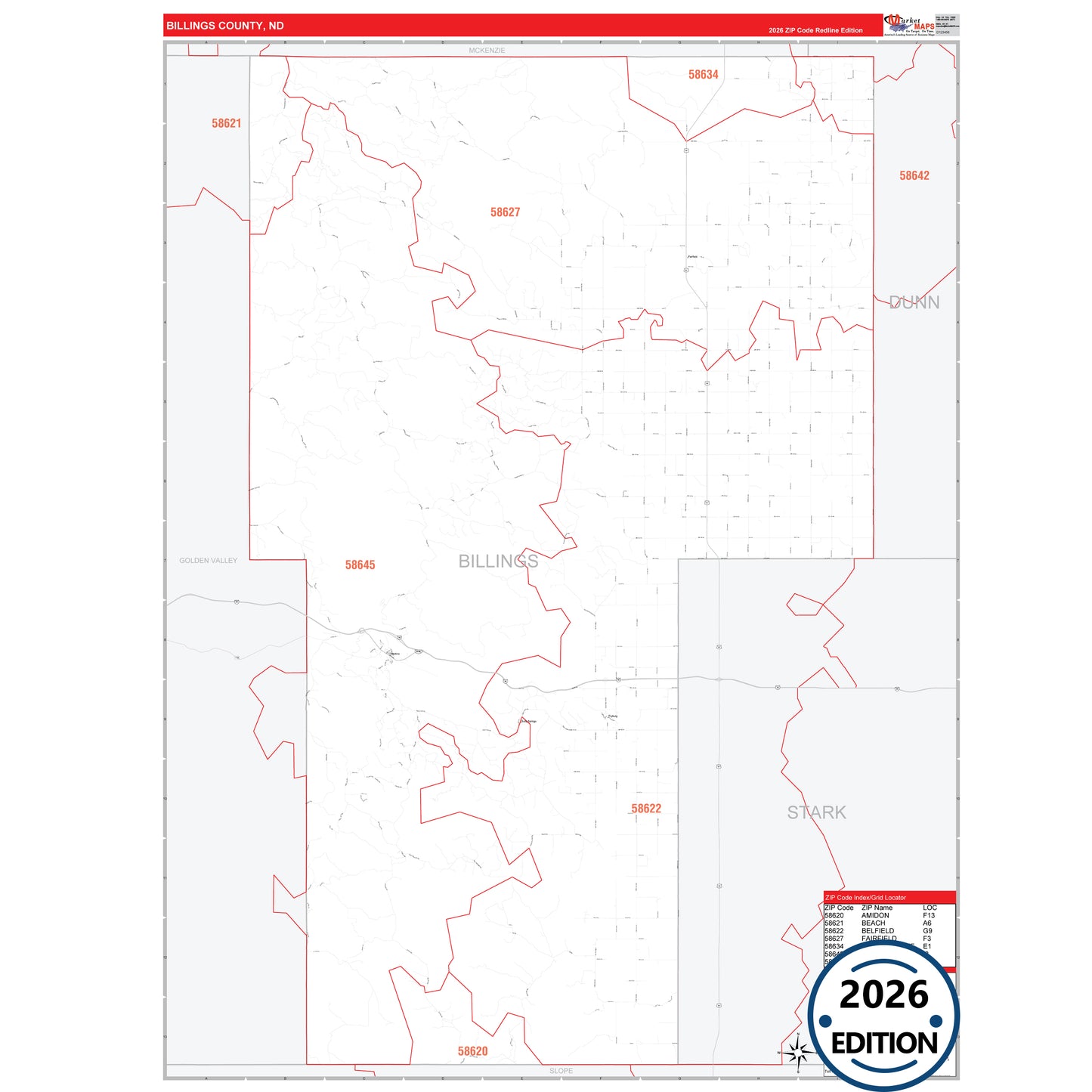 Billings County, ND Red Line 5 Digit ZIP Code Wall Map