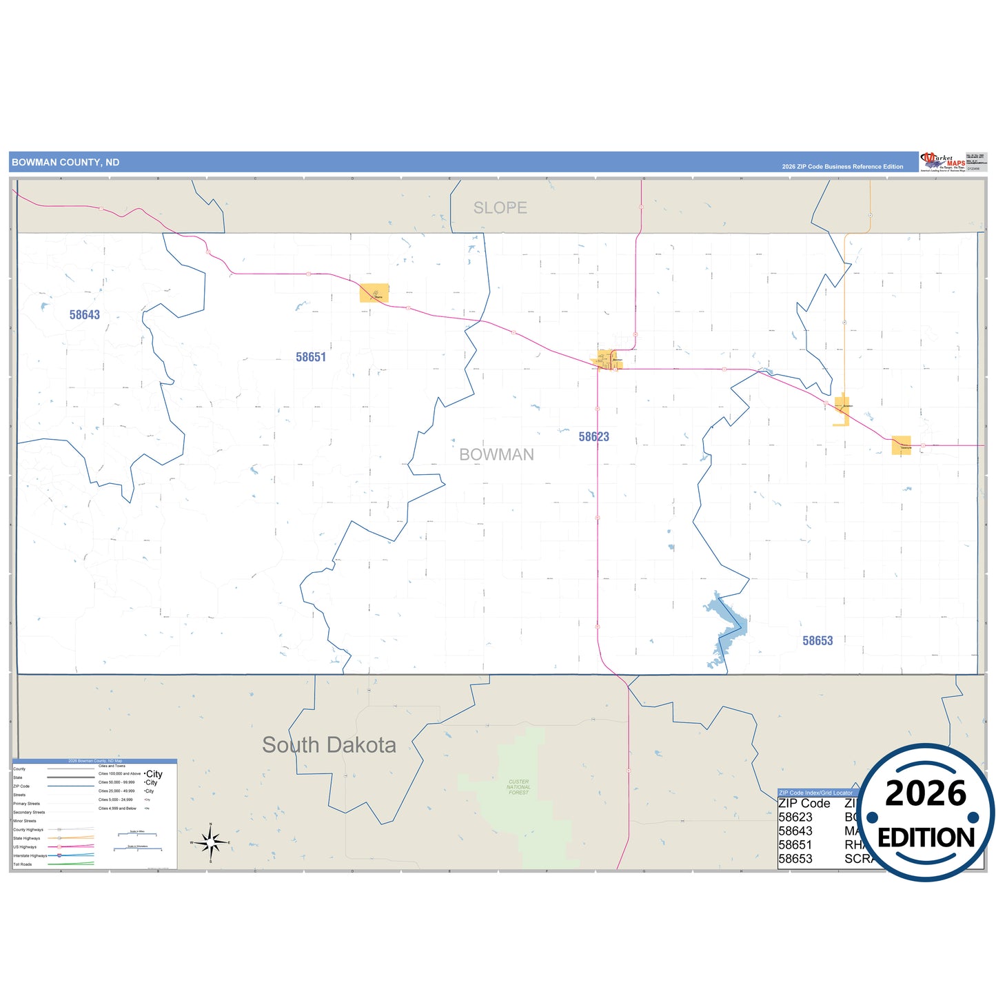 Bowman County, ND Business Reference 5 Digit ZIP Code Wall Map