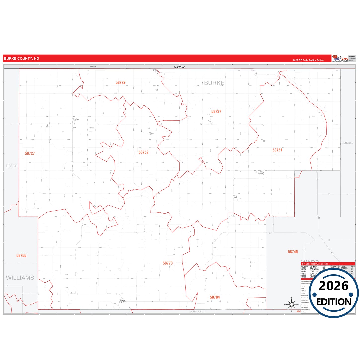 Burke County, ND Red Line 5 Digit ZIP Code Wall Map