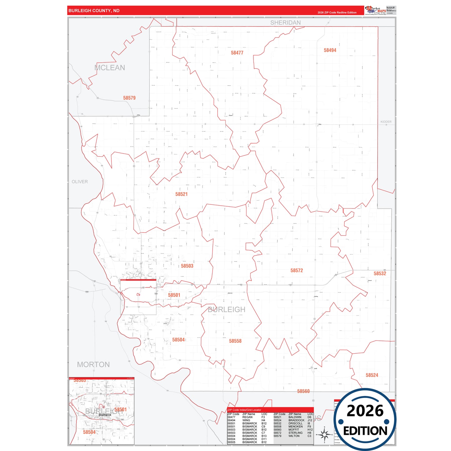 Burleigh County, ND Red Line 5 Digit ZIP Code Wall Map