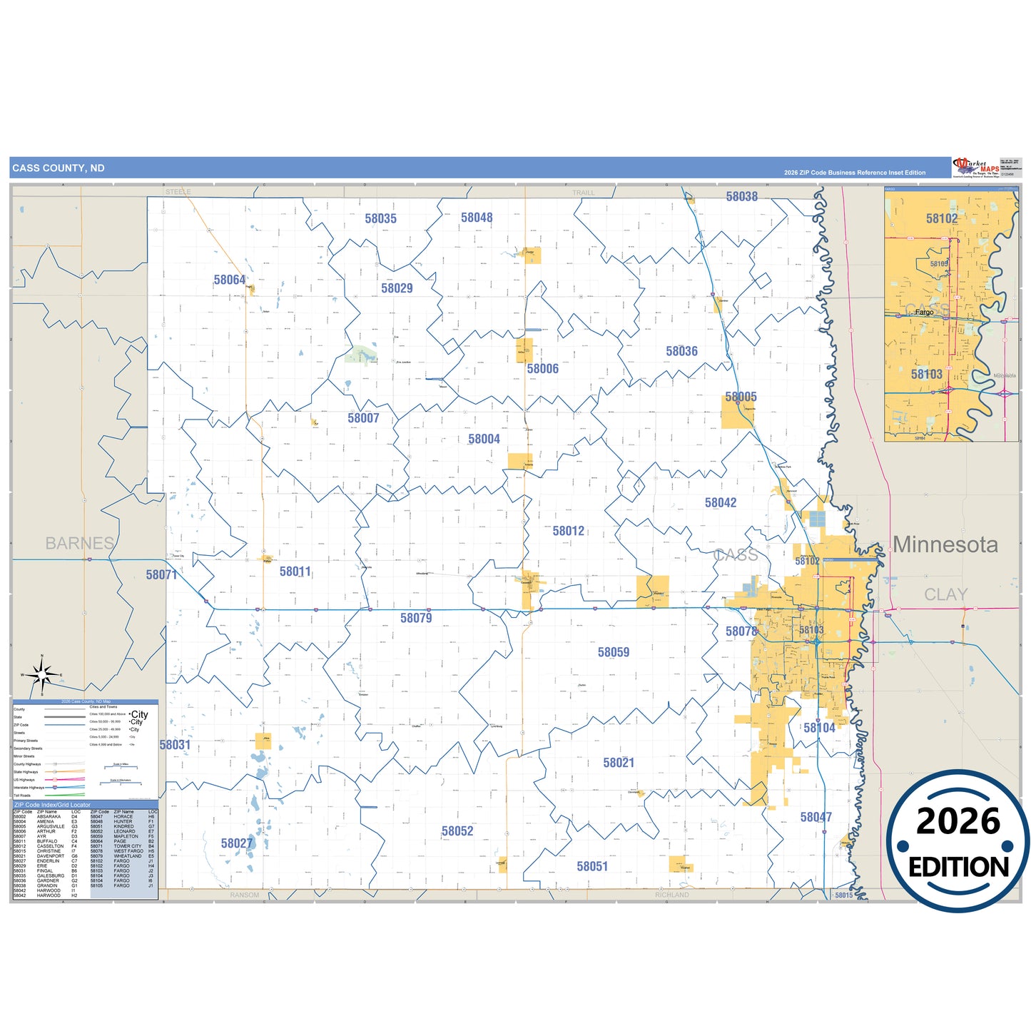Cass County, ND Business Reference 5 Digit ZIP Code Wall Map