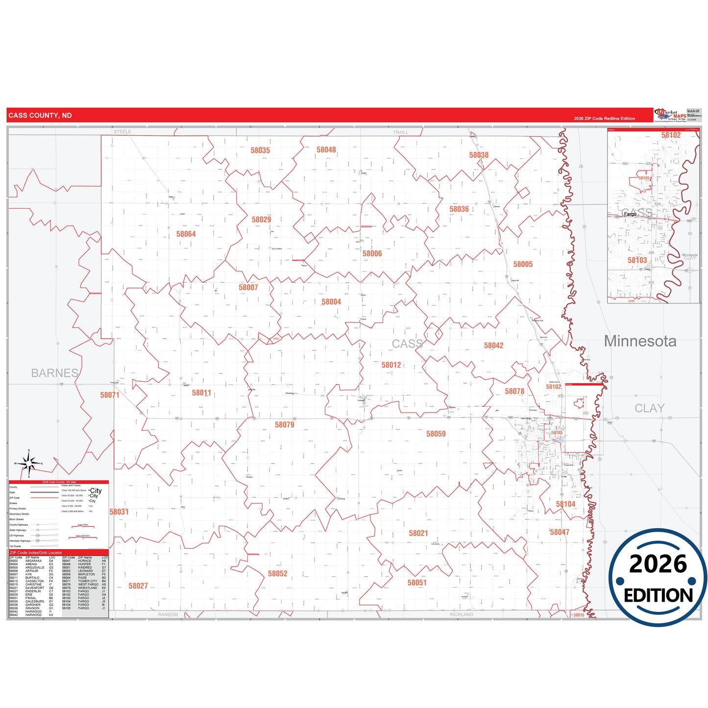 Cass County, ND Red Line 5 Digit ZIP Code Wall Map