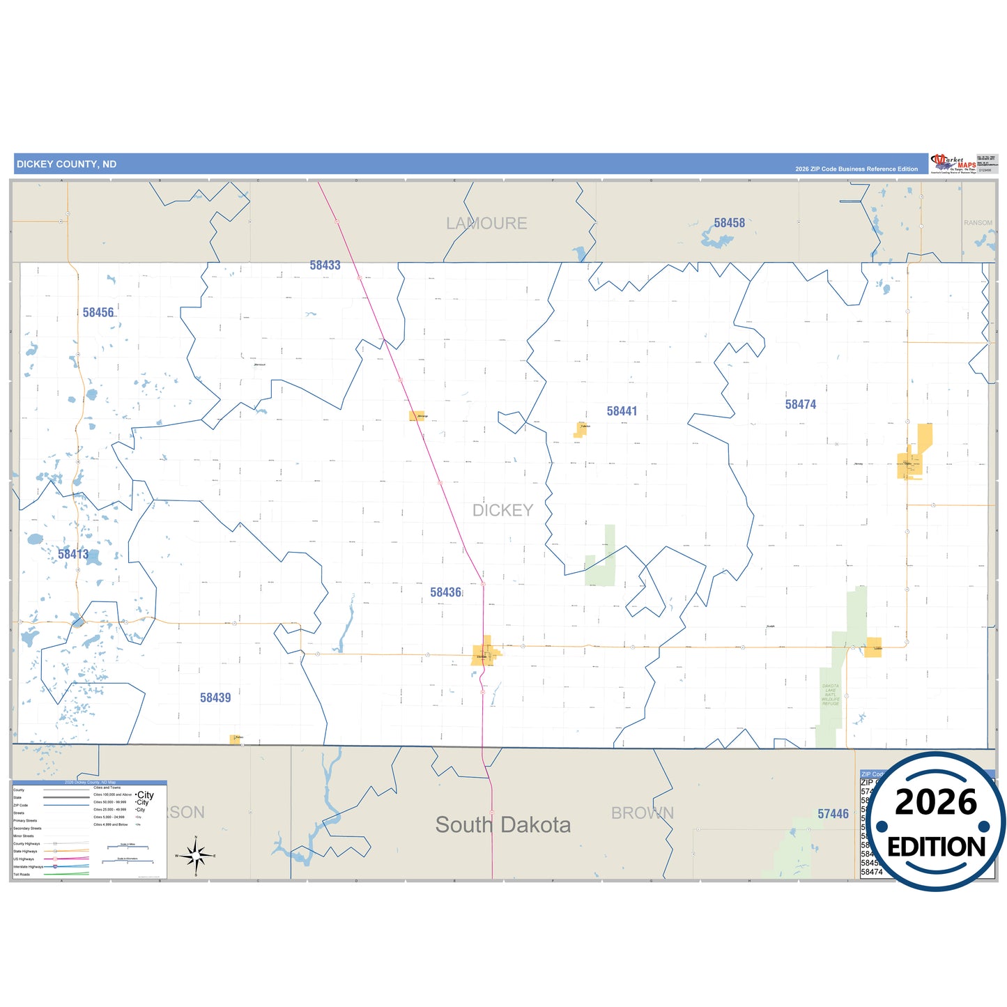 Dickey County, ND Business Reference 5 Digit ZIP Code Wall Map