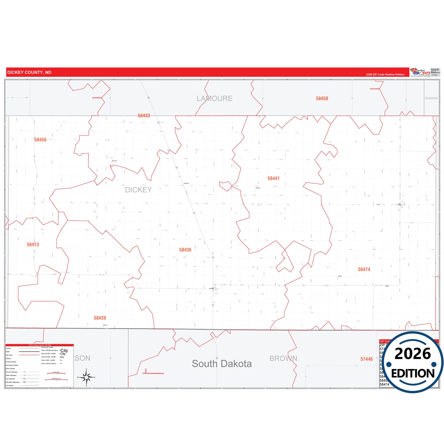 Dickey County, ND Red Line 5 Digit ZIP Code Wall Map