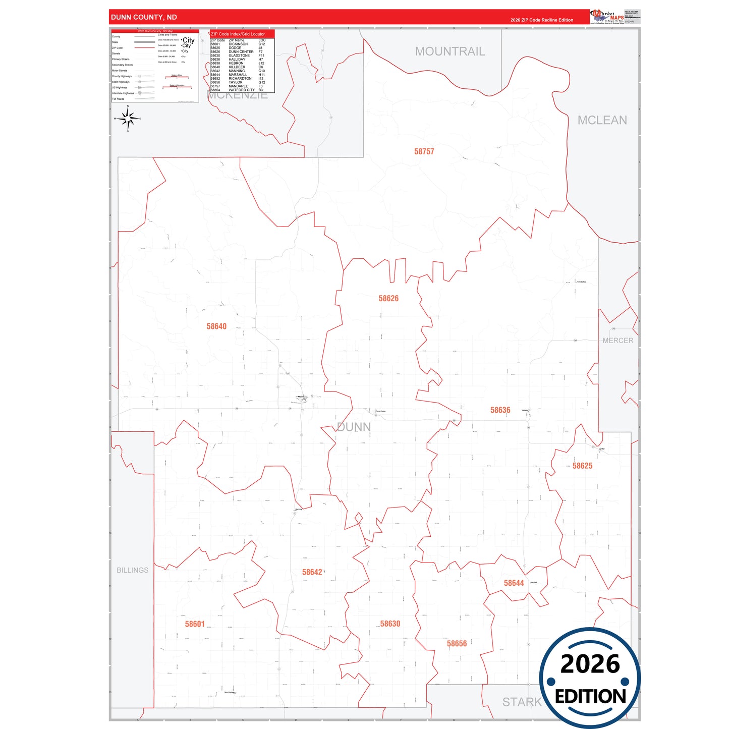 Dunn County, ND Red Line 5 Digit ZIP Code Wall Map
