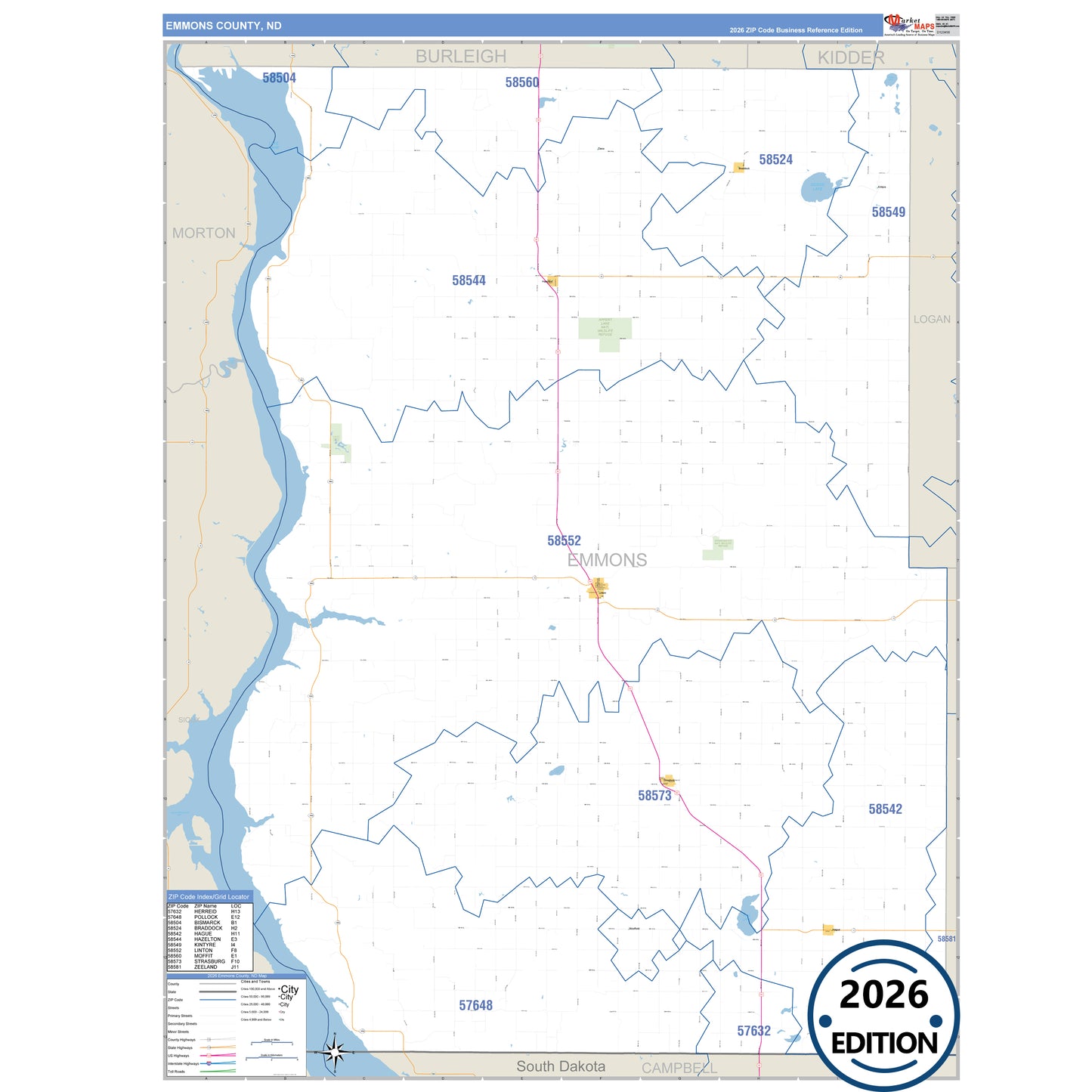 Emmons County, ND Business Reference 5 Digit ZIP Code Wall Map