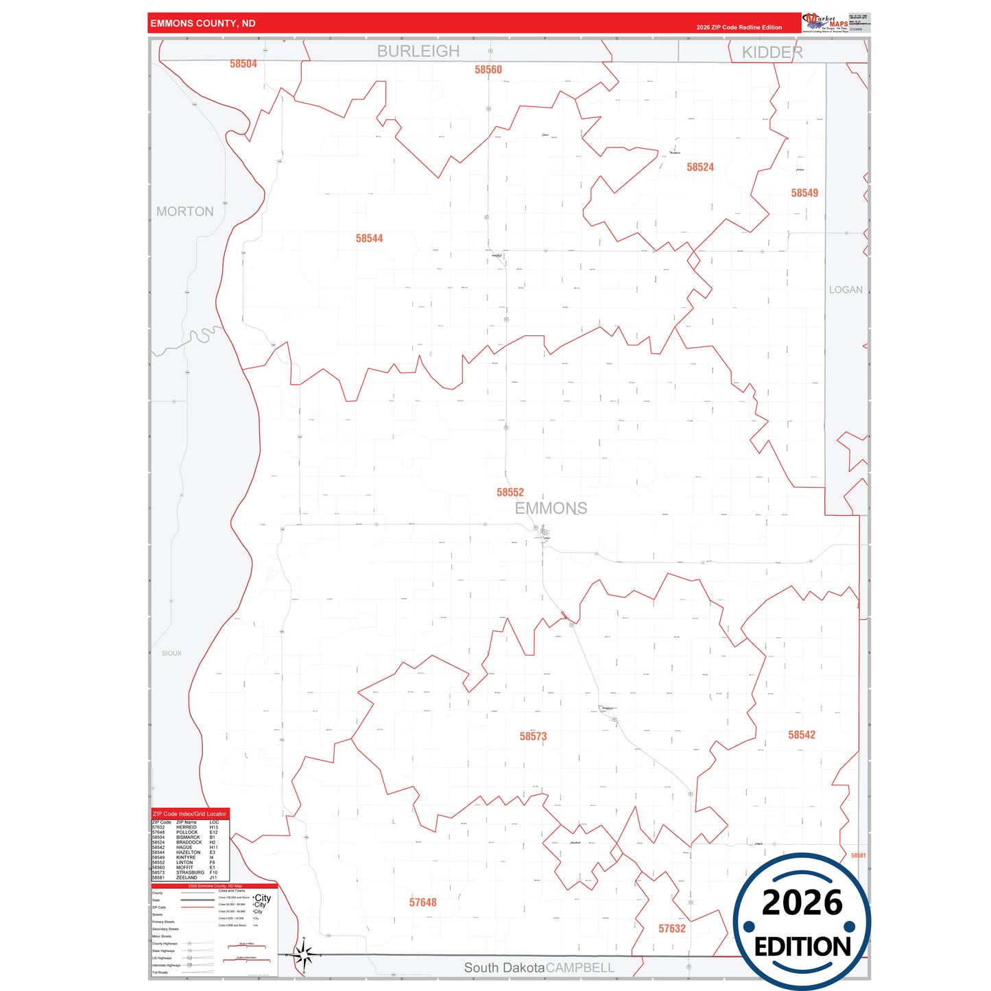 Emmons County, ND Red Line 5 Digit ZIP Code Wall Map