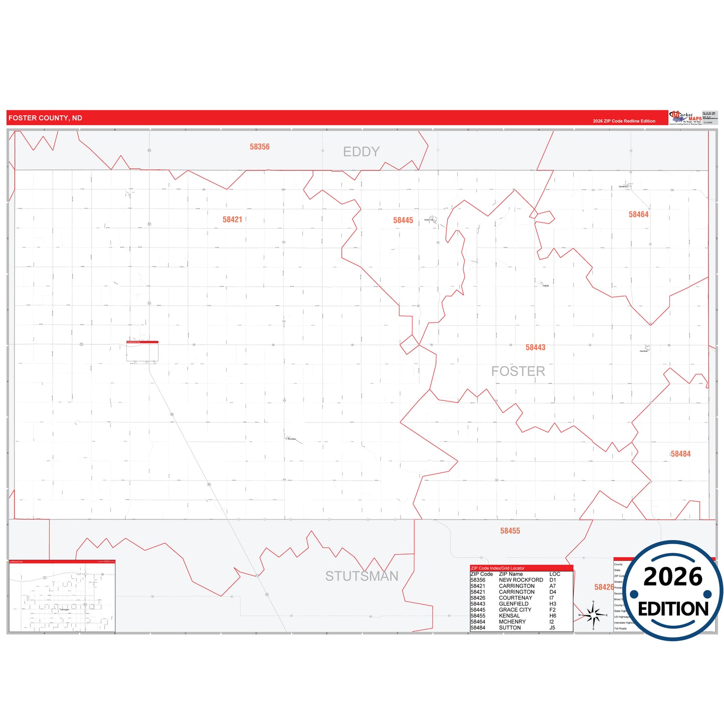 Foster County, ND Red Line 5 Digit ZIP Code Wall Map