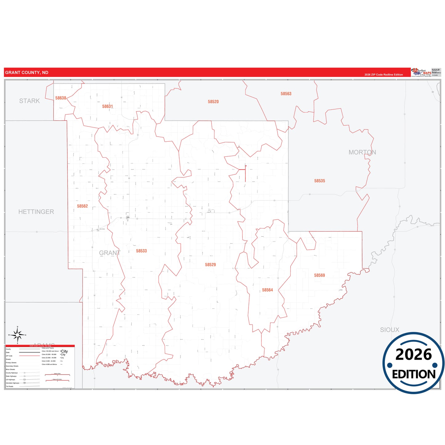 Grant County, ND Red Line 5 Digit ZIP Code Wall Map