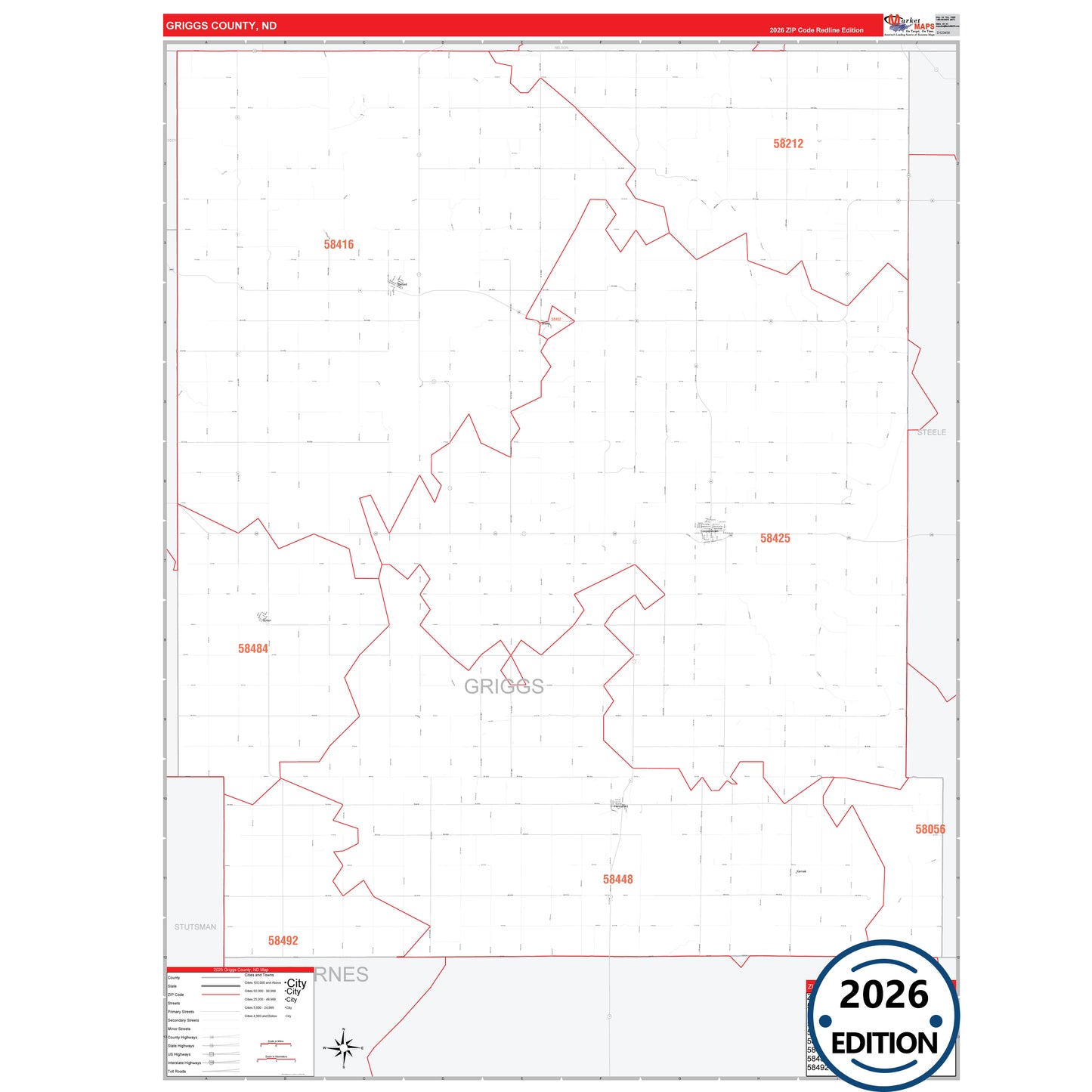 Griggs County, ND Red Line 5 Digit ZIP Code Wall Map