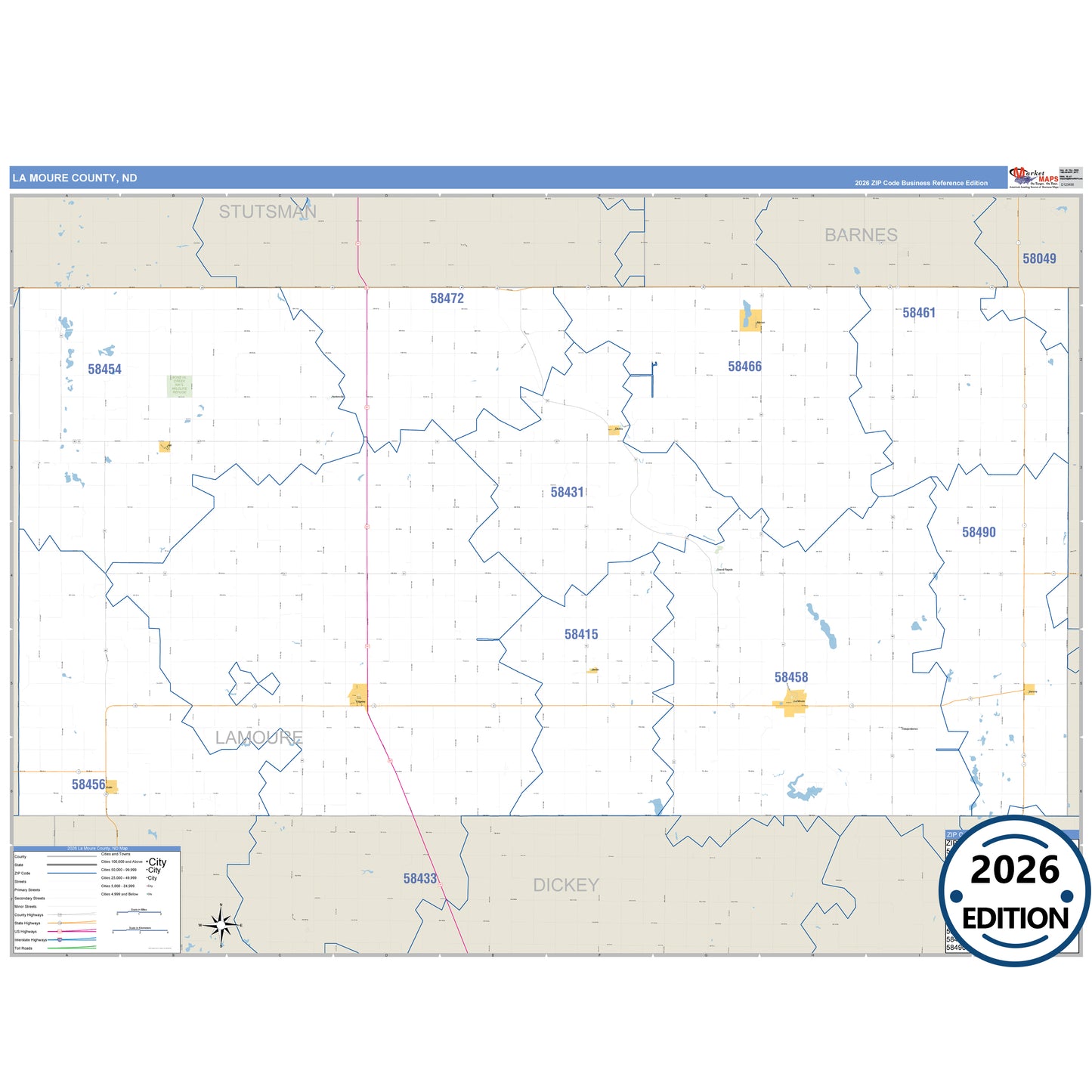 La Moure County, ND Business Reference 5 Digit ZIP Code Wall Map