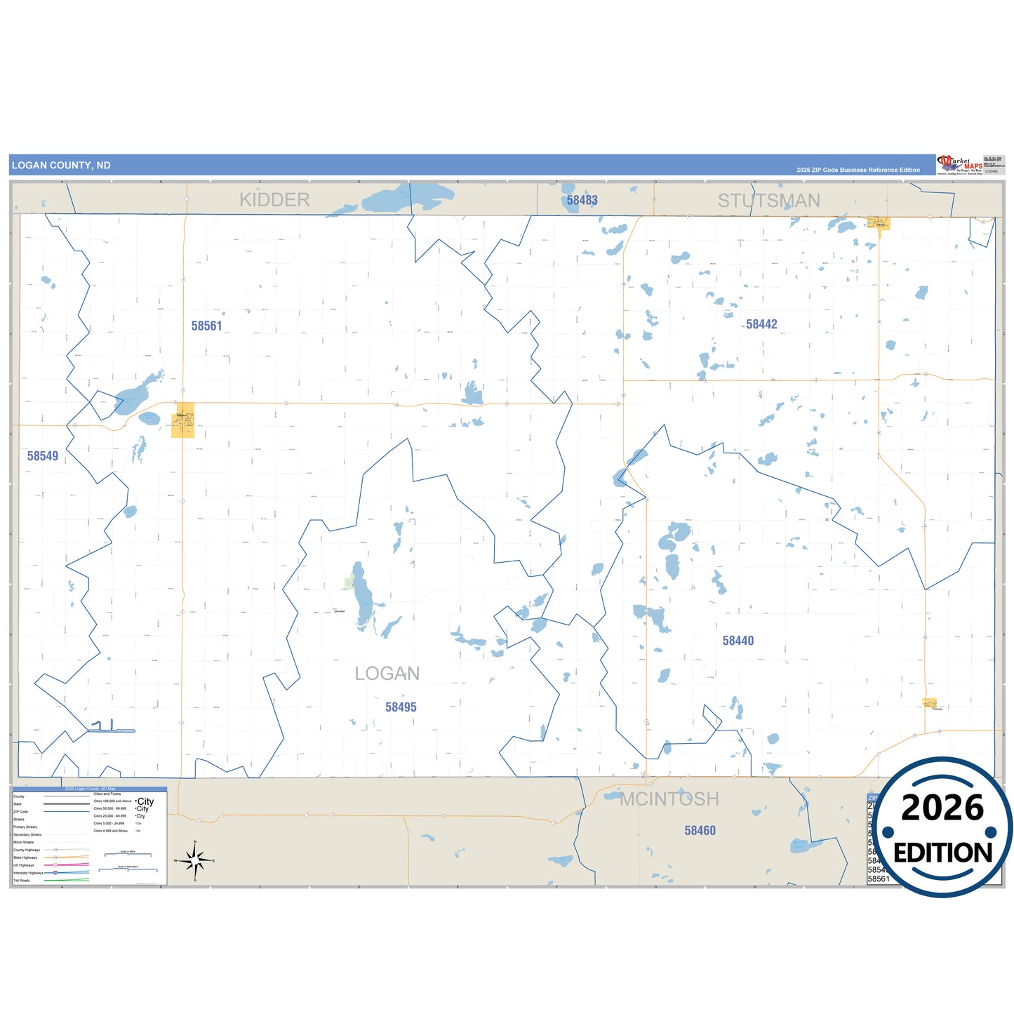 Logan County, ND Business Reference 5 Digit ZIP Code Wall Map