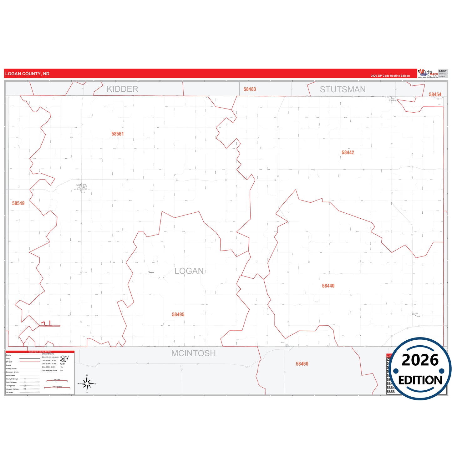 Logan County, ND Red Line 5 Digit ZIP Code Wall Map