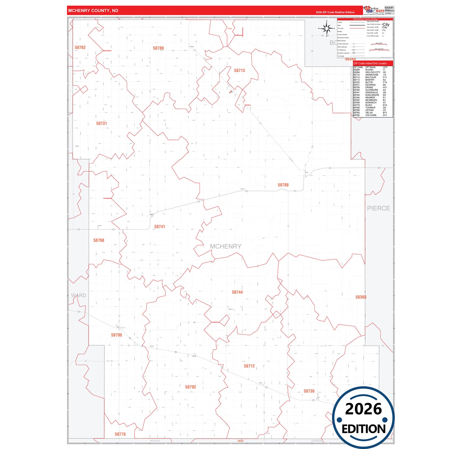 McHenry County, ND Red Line 5 Digit ZIP Code Wall Map