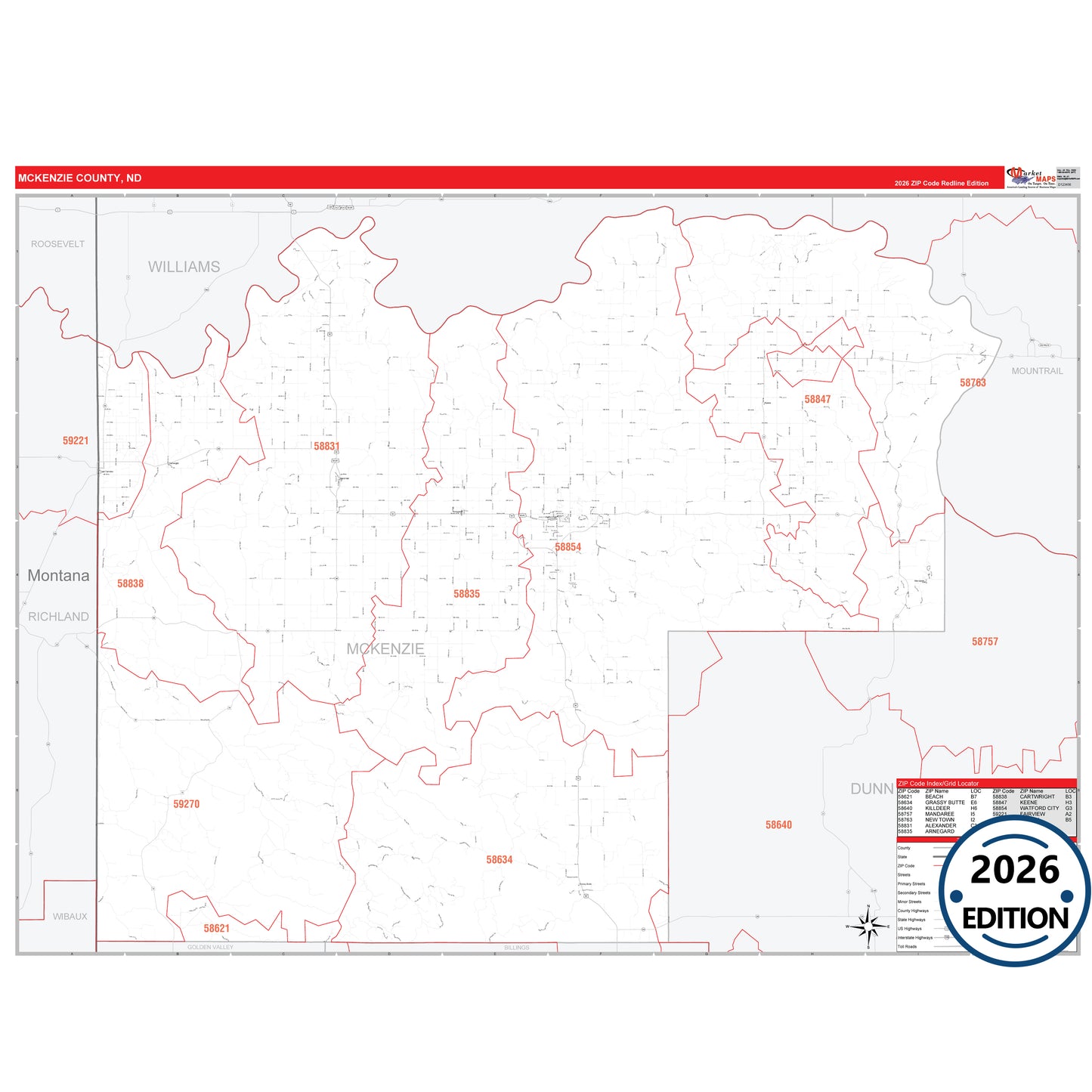 Mckenzie County, ND Red Line 5 Digit ZIP Code Wall Map
