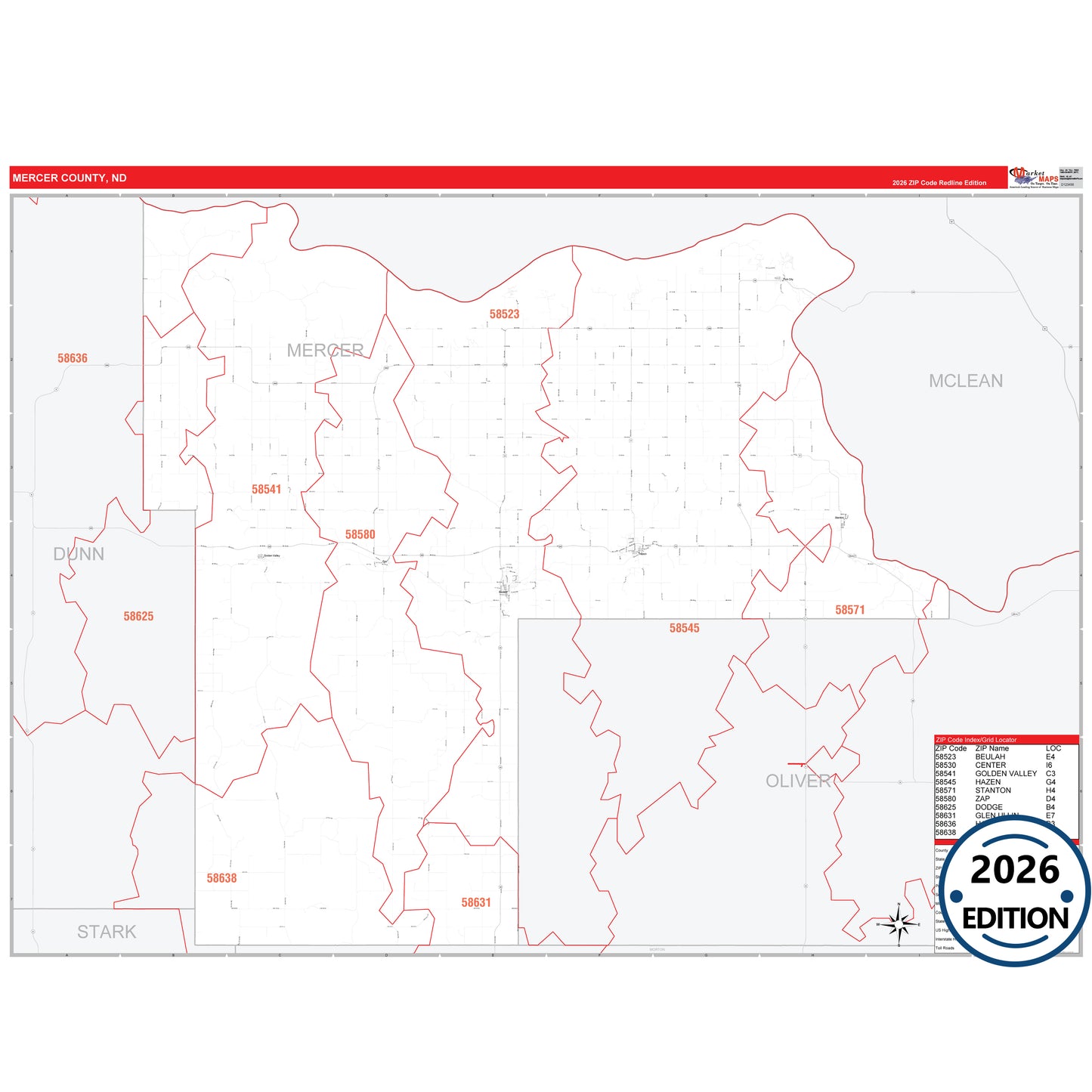 Mercer County, ND Red Line 5 Digit ZIP Code Wall Map