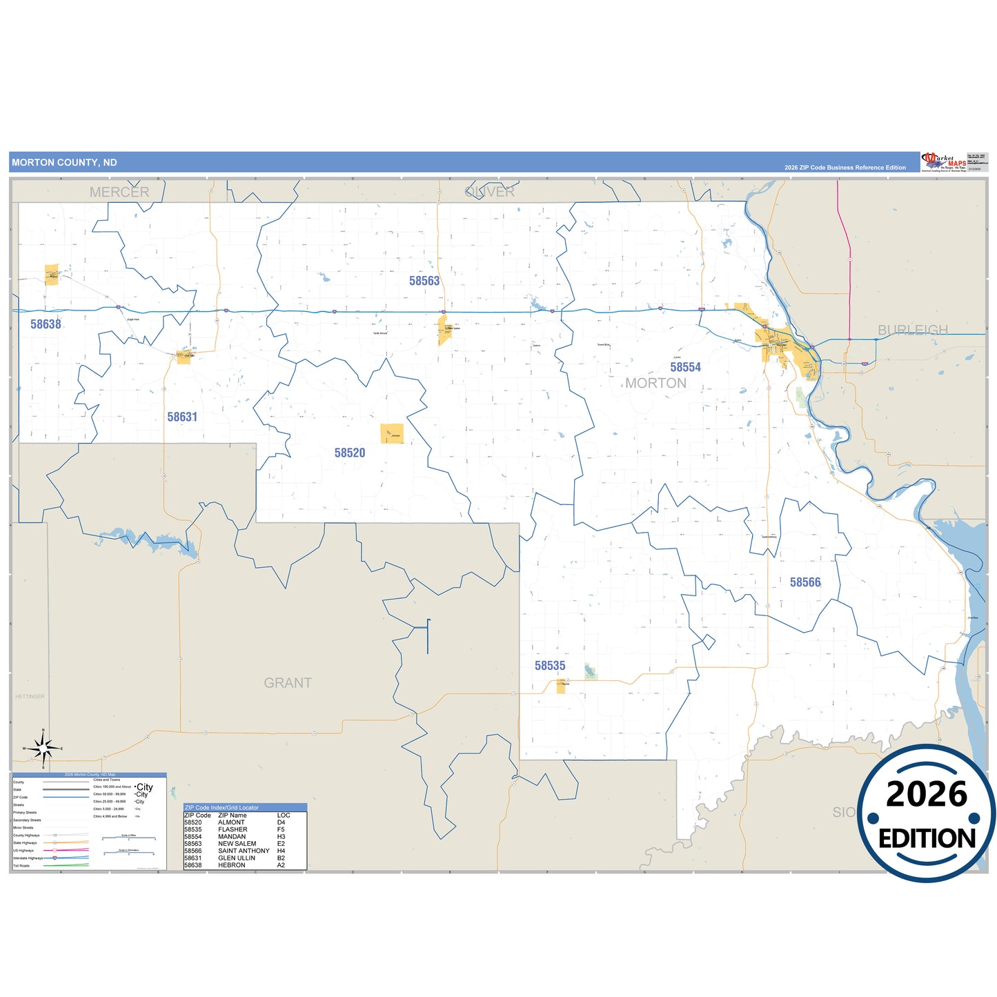 Morton County, ND Business Reference 5 Digit ZIP Code Wall Map