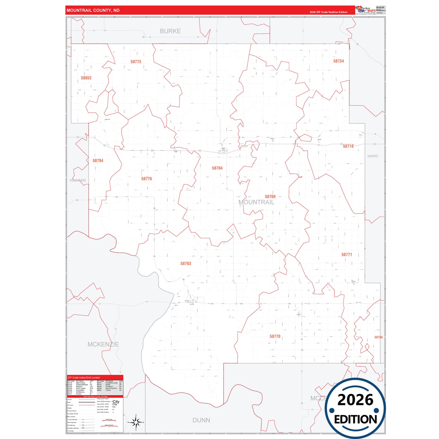 Mountrail County, ND Red Line 5 Digit ZIP Code Wall Map