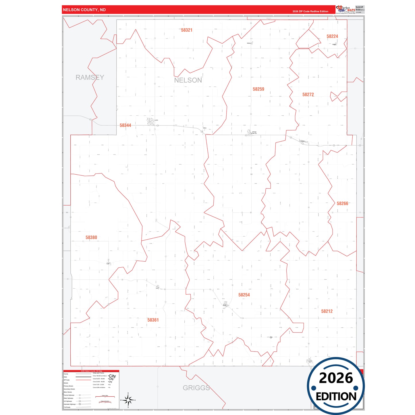 Nelson County, ND Red Line 5 Digit ZIP Code Wall Map