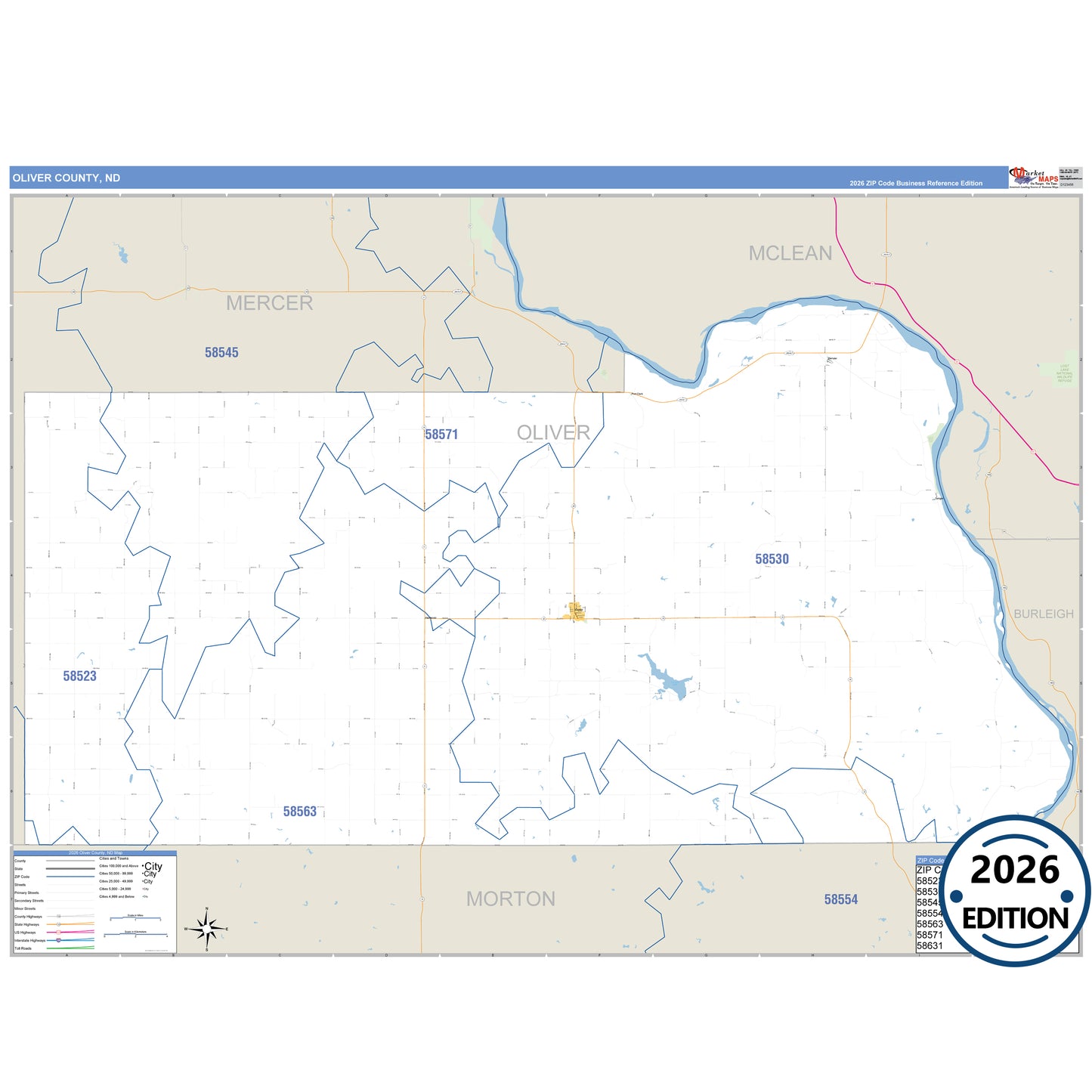 Oliver County, ND Business Reference 5 Digit ZIP Code Wall Map