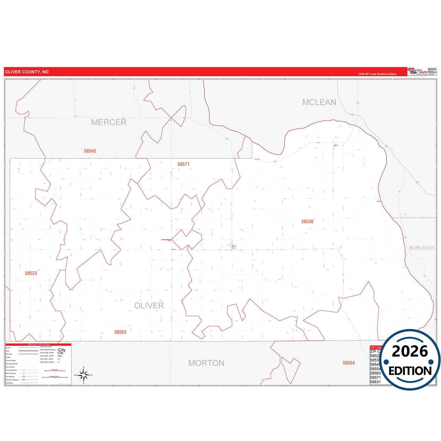 Oliver County, ND Red Line 5 Digit ZIP Code Wall Map