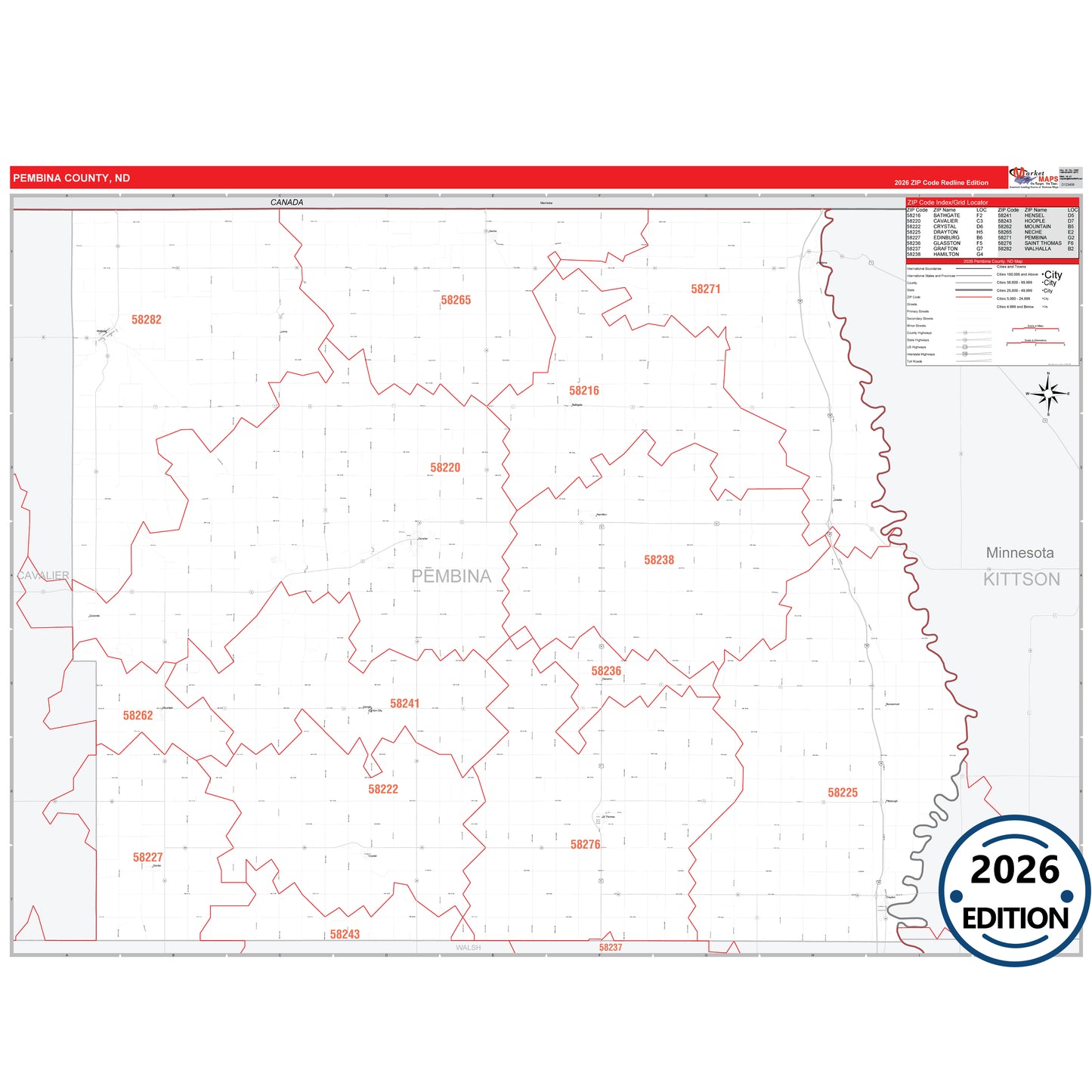 Pembina County, ND Red Line 5 Digit ZIP Code Wall Map