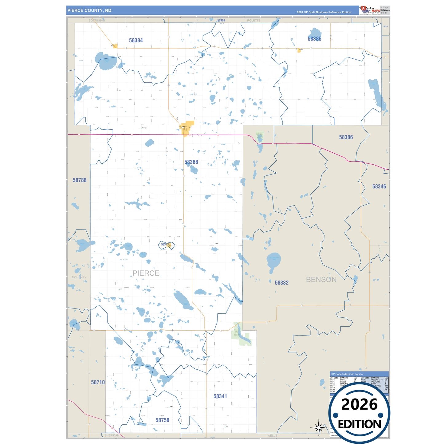 Pierce County, ND Business Reference 5 Digit ZIP Code Wall Map