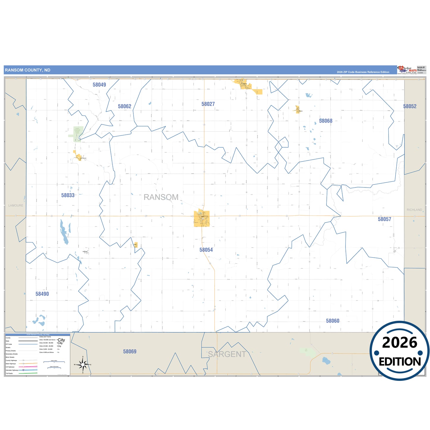 Ransom County, ND Business Reference 5 Digit ZIP Code Wall Map