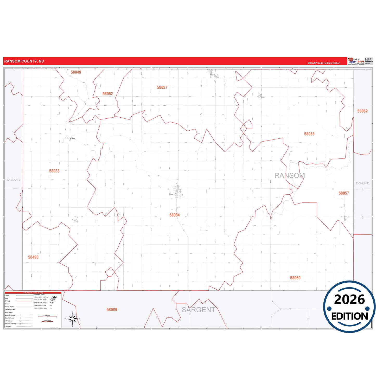 Ransom County, ND Red Line 5 Digit ZIP Code Wall Map