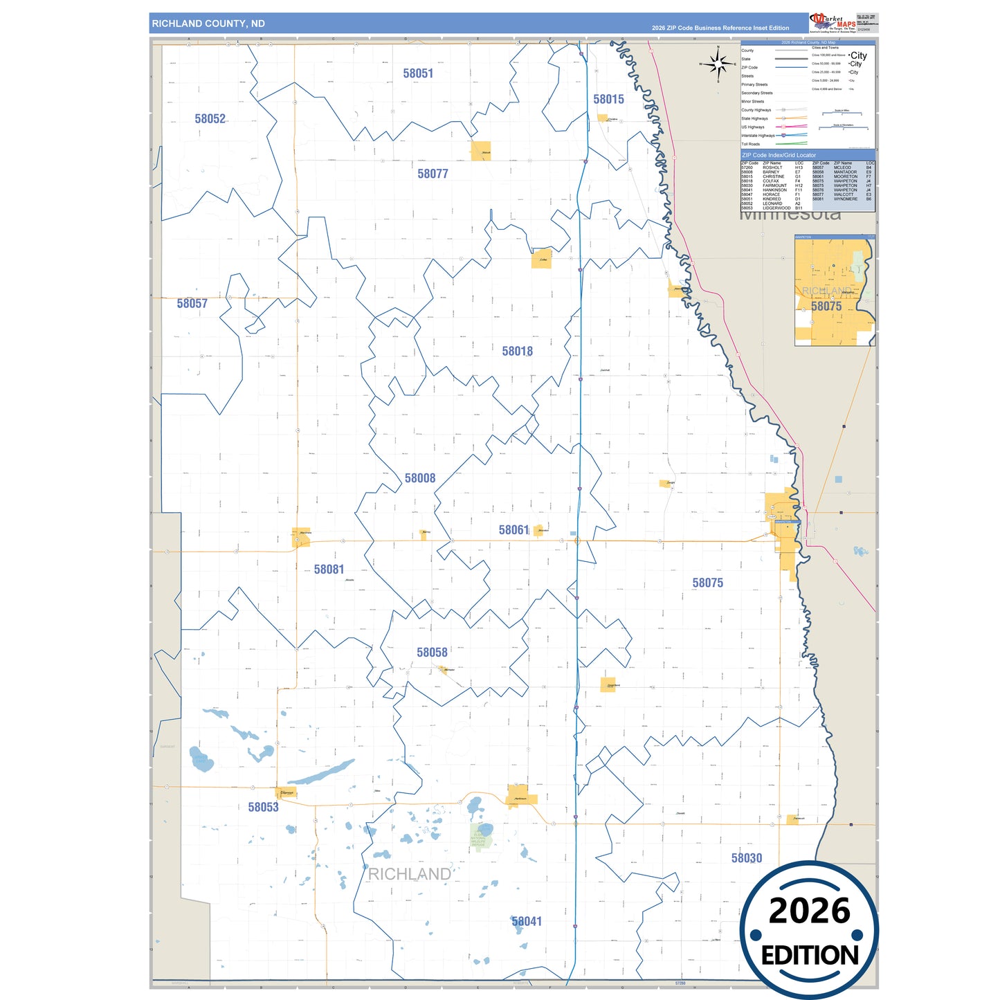 Richland County, ND Business Reference 5 Digit ZIP Code Wall Map
