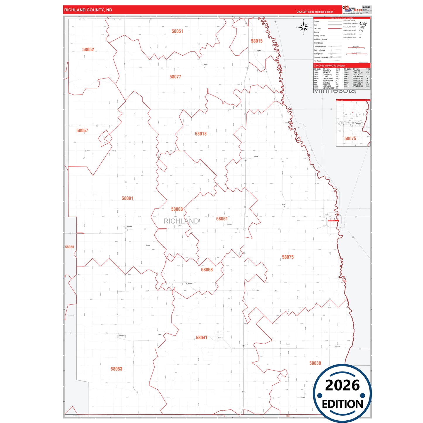 Richland County, ND Red Line 5 Digit ZIP Code Wall Map