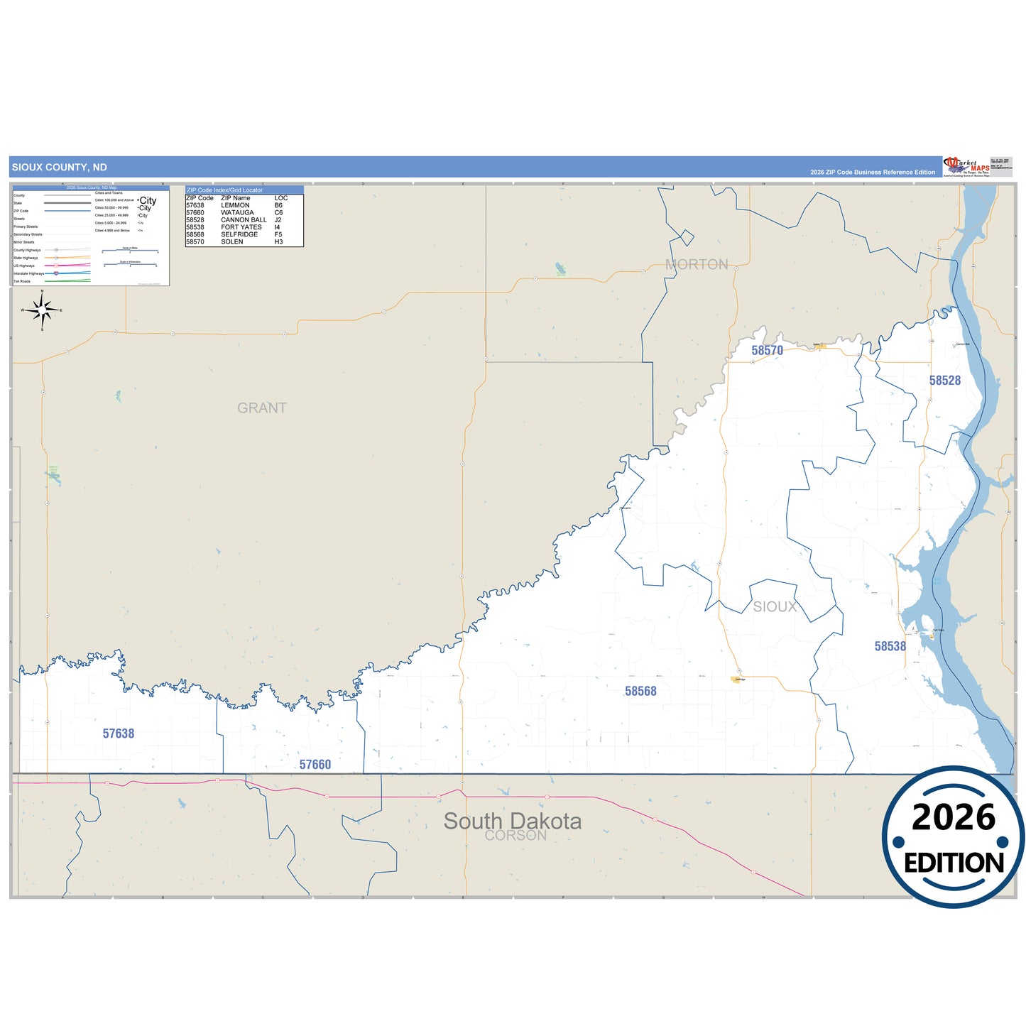 Sioux County, ND Business Reference 5 Digit ZIP Code Wall Map