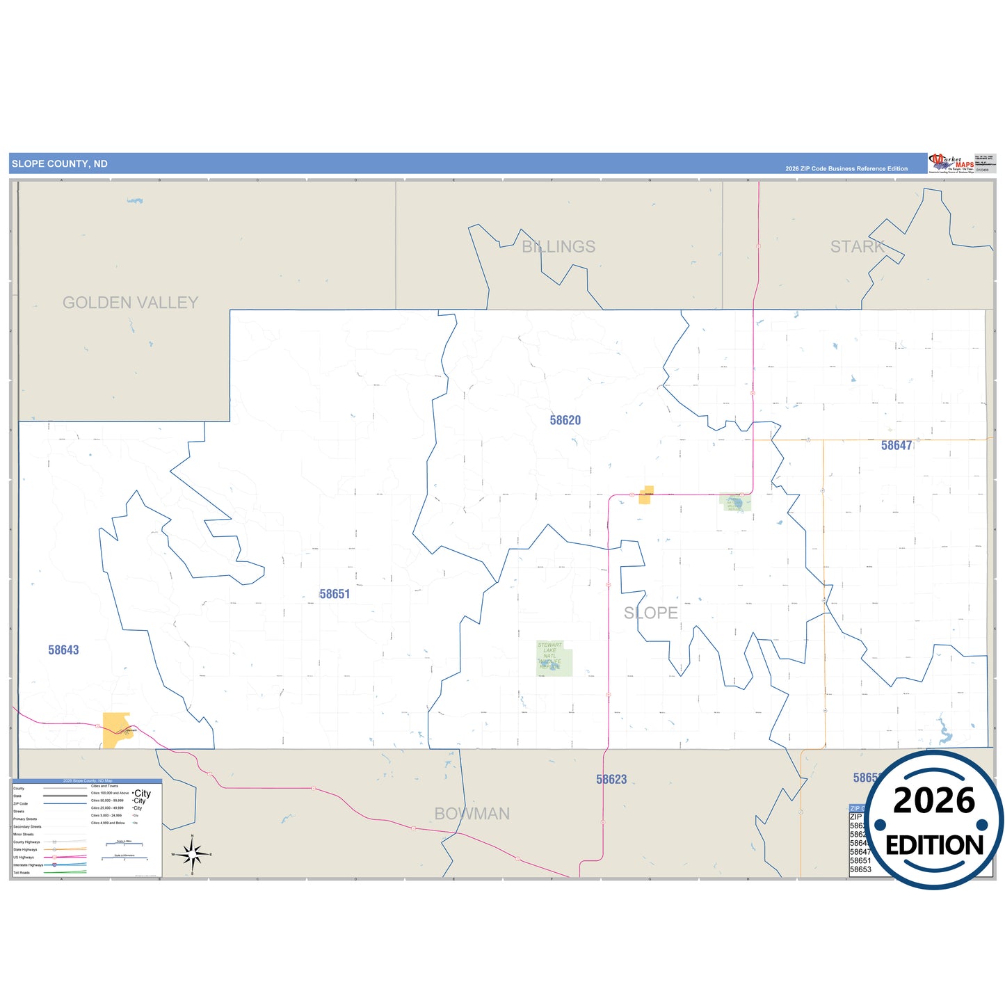 Slope County, ND Business Reference 5 Digit ZIP Code Wall Map