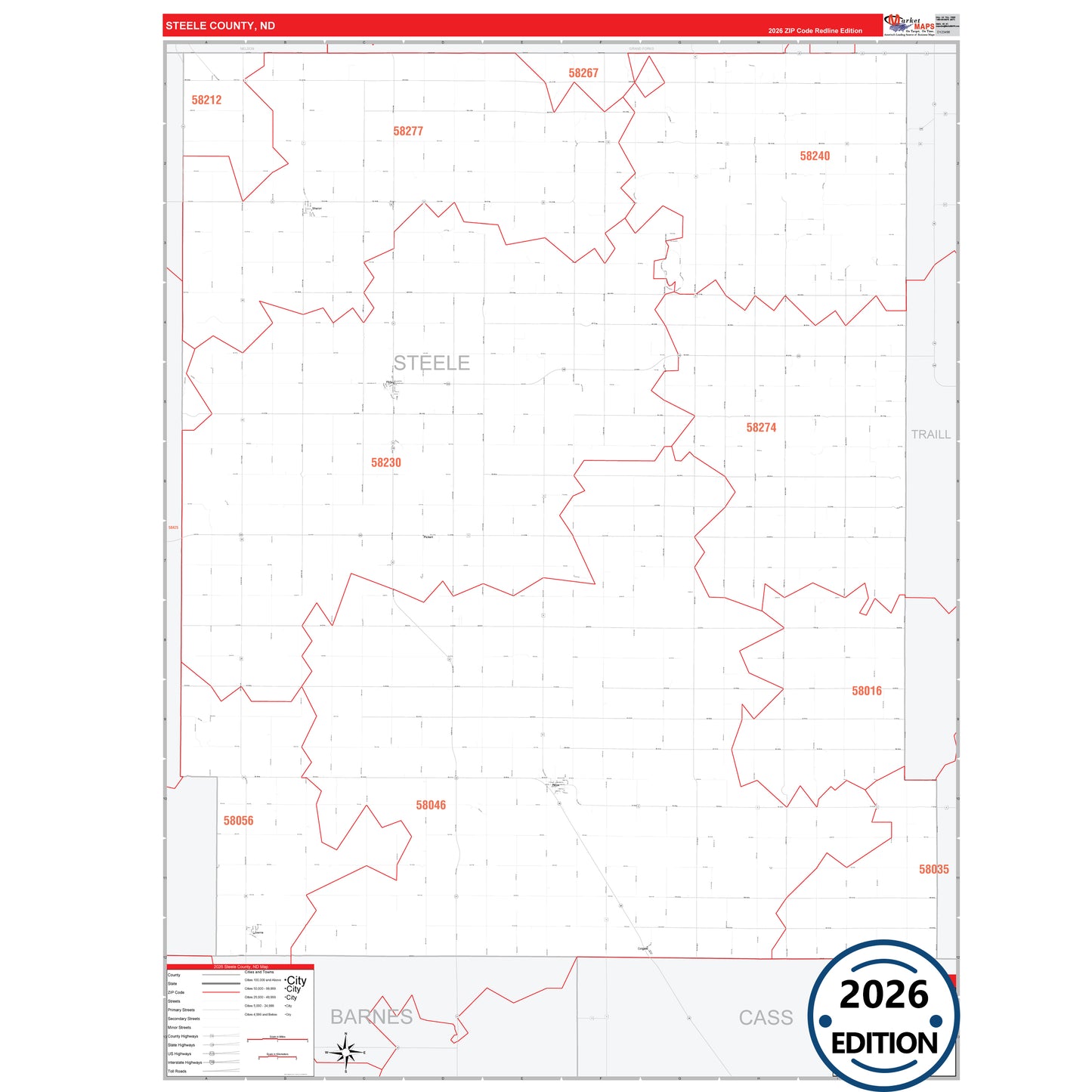 Steele County, ND Red Line 5 Digit ZIP Code Wall Map