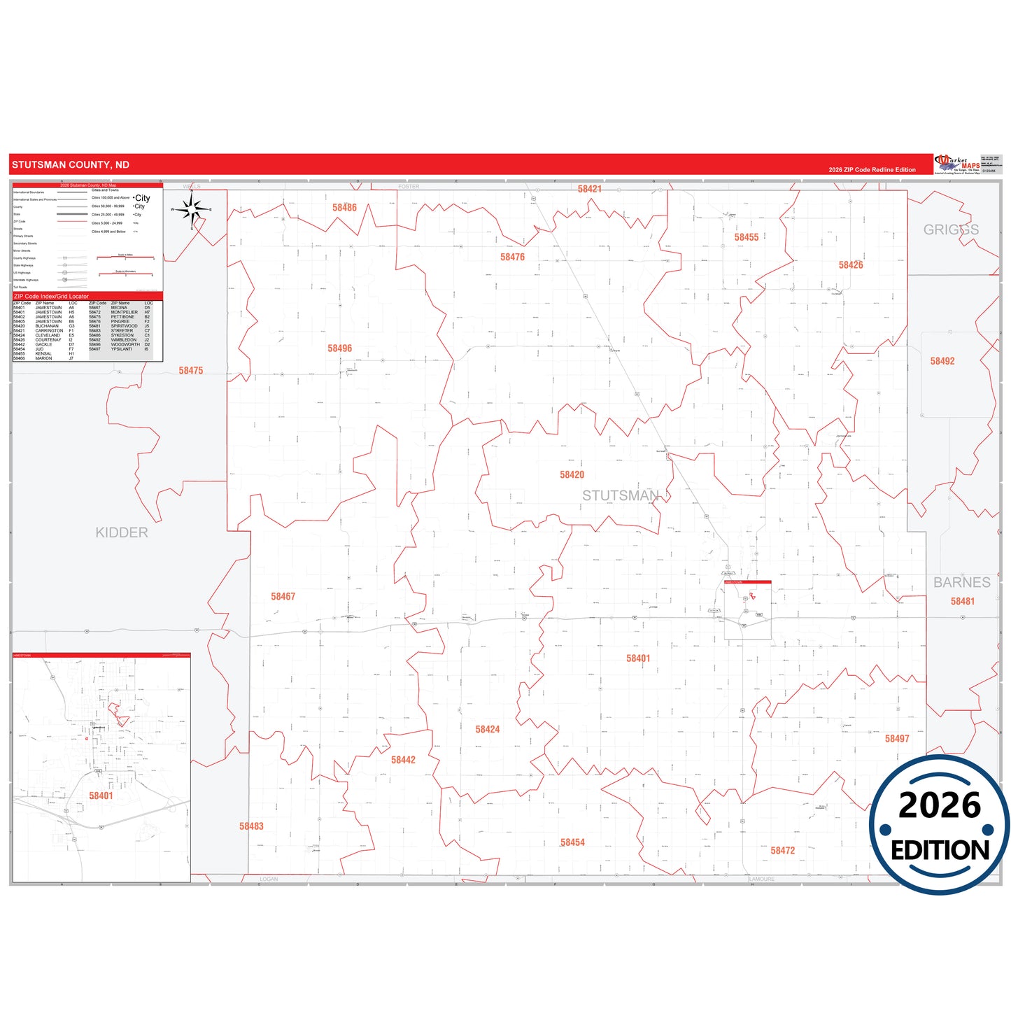 Stutsman County, ND Red Line 5 Digit ZIP Code Wall Map