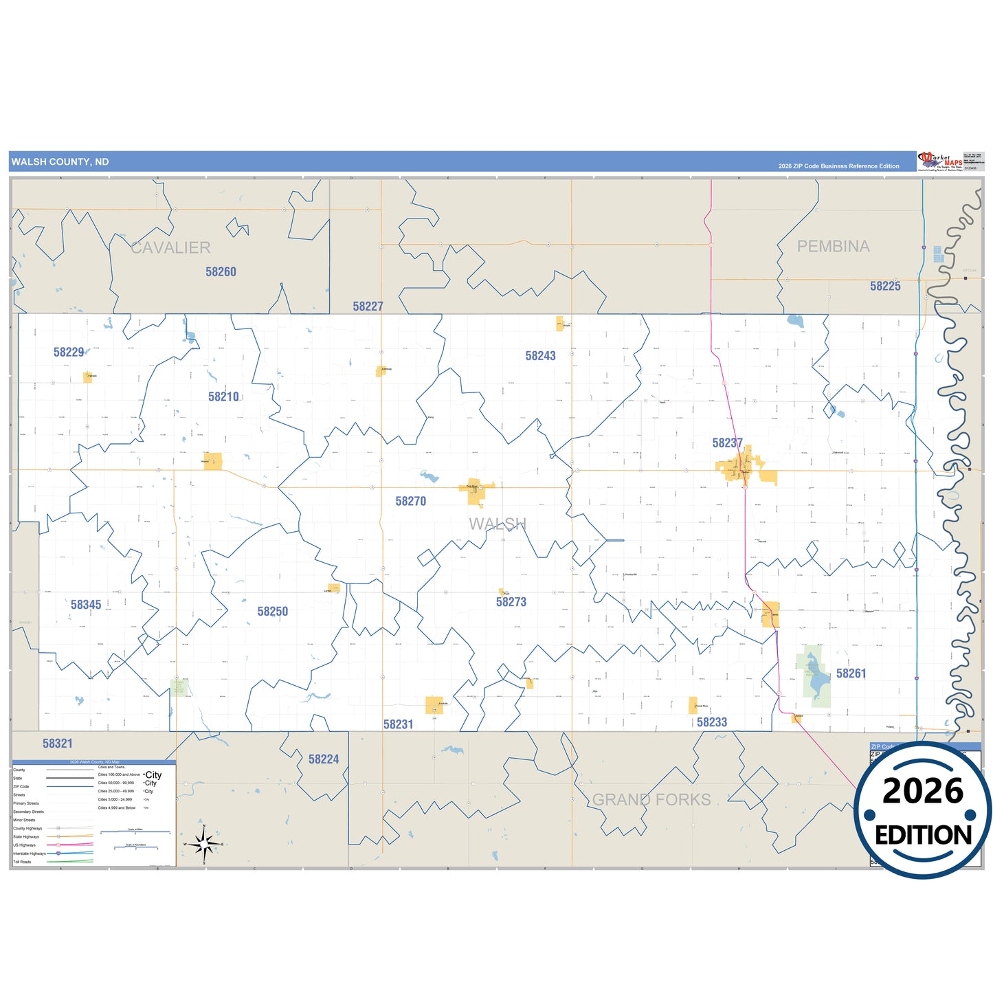 Walsh County, ND Business Reference 5 Digit ZIP Code Wall Map