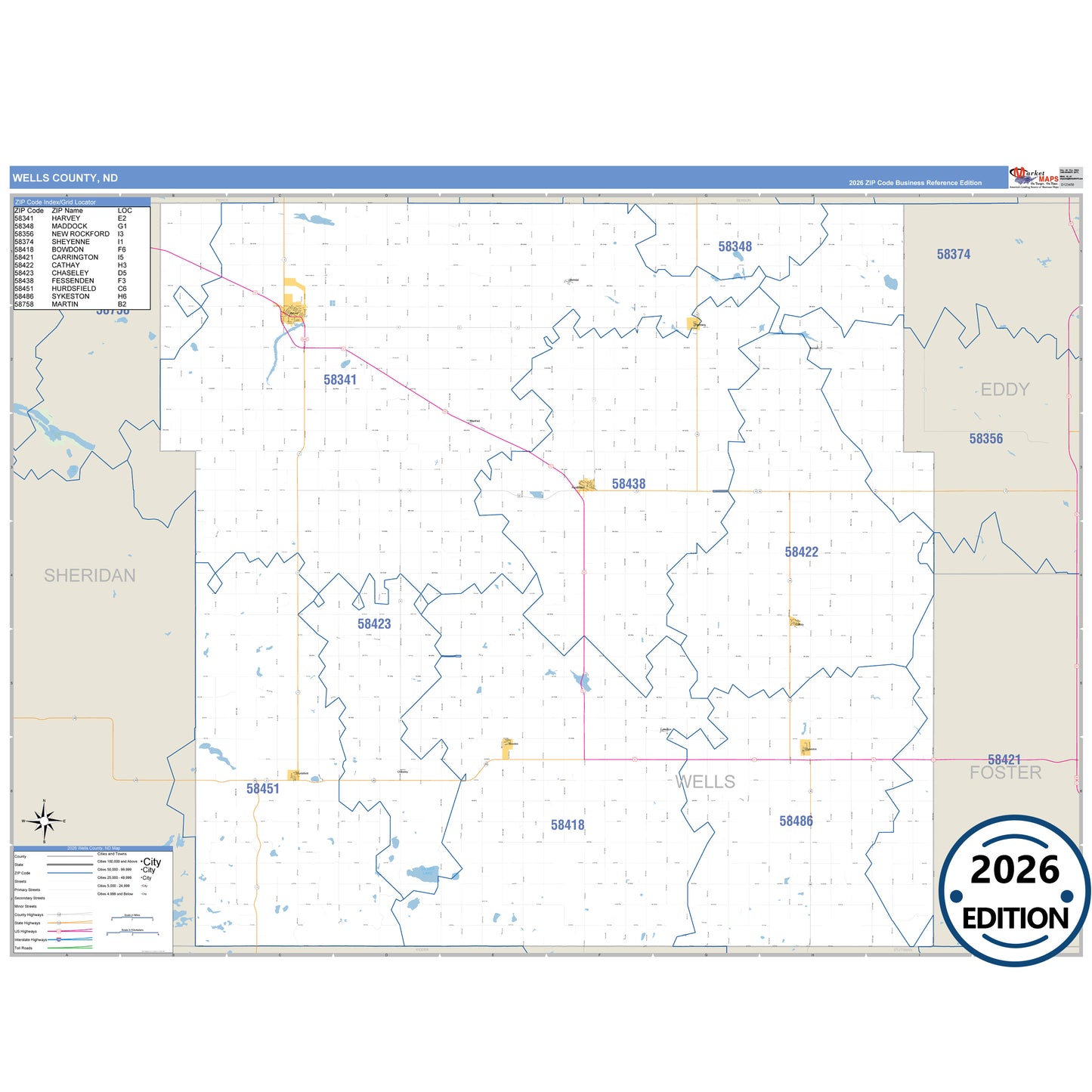 Wells County, ND Business Reference 5 Digit ZIP Code Wall Map