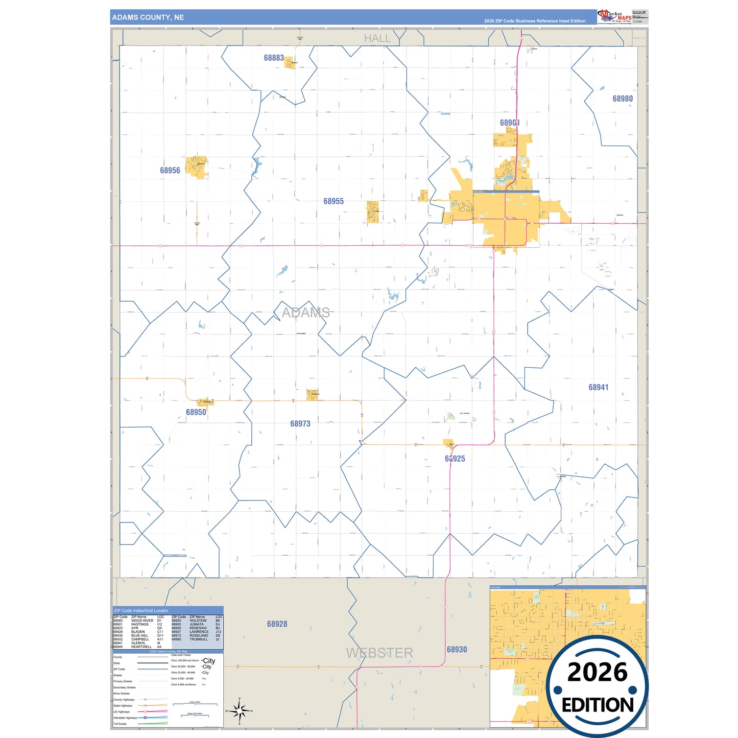 Adams County, NE Business Reference map with detailed roads, cities, and ZIP code boundaries.