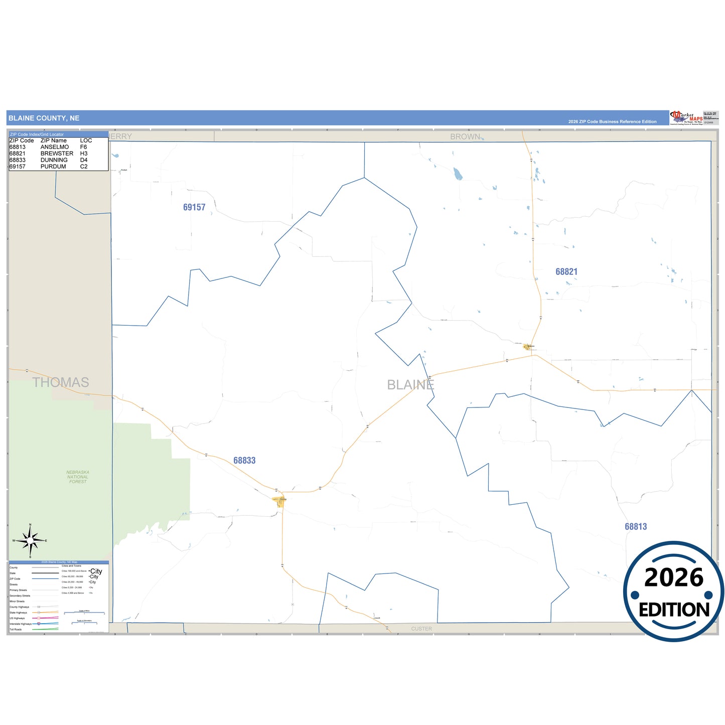 Blaine County, NE Business Reference 5 Digit ZIP Code Wall Map