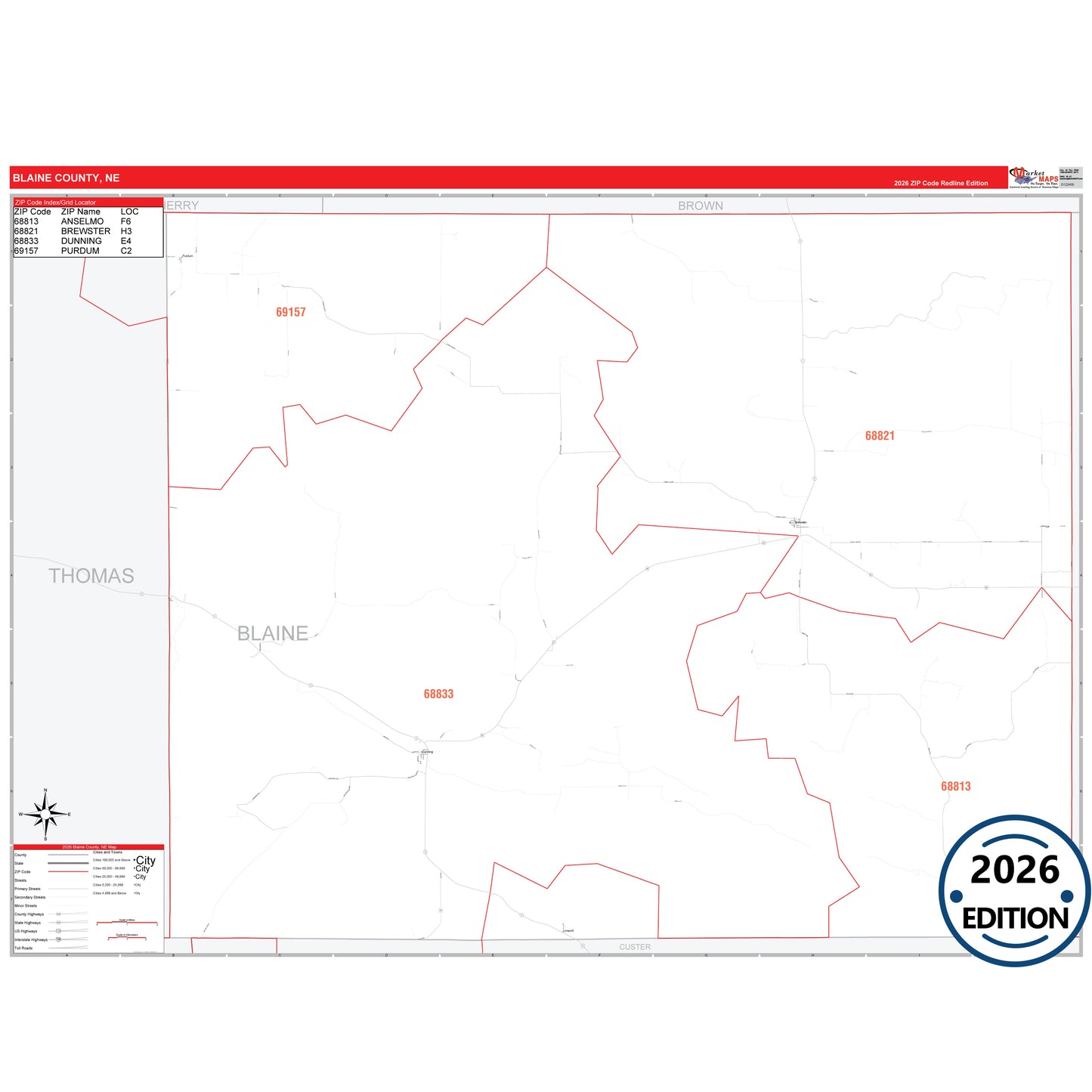 Blaine County, NE Red Line 5 Digit ZIP Code Wall Map