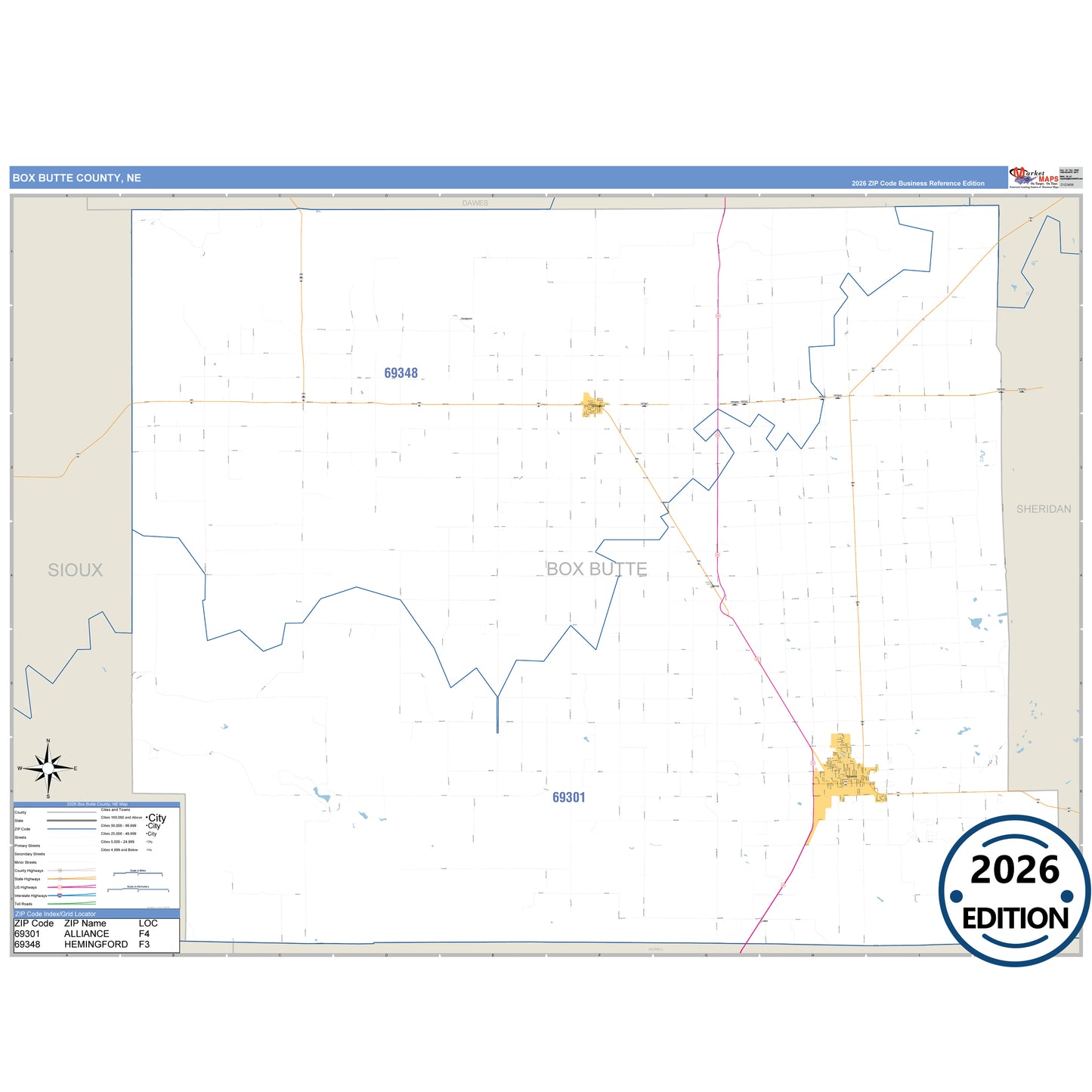 Box Butte County, NE Business Reference 5 Digit ZIP Code Wall Map