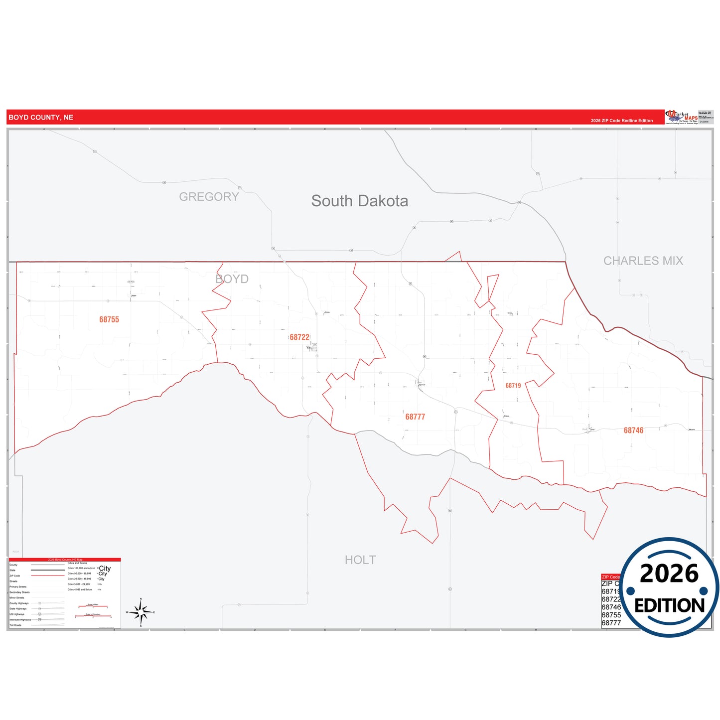 Boyd County, NE Red Line 5 Digit ZIP Code Wall Map