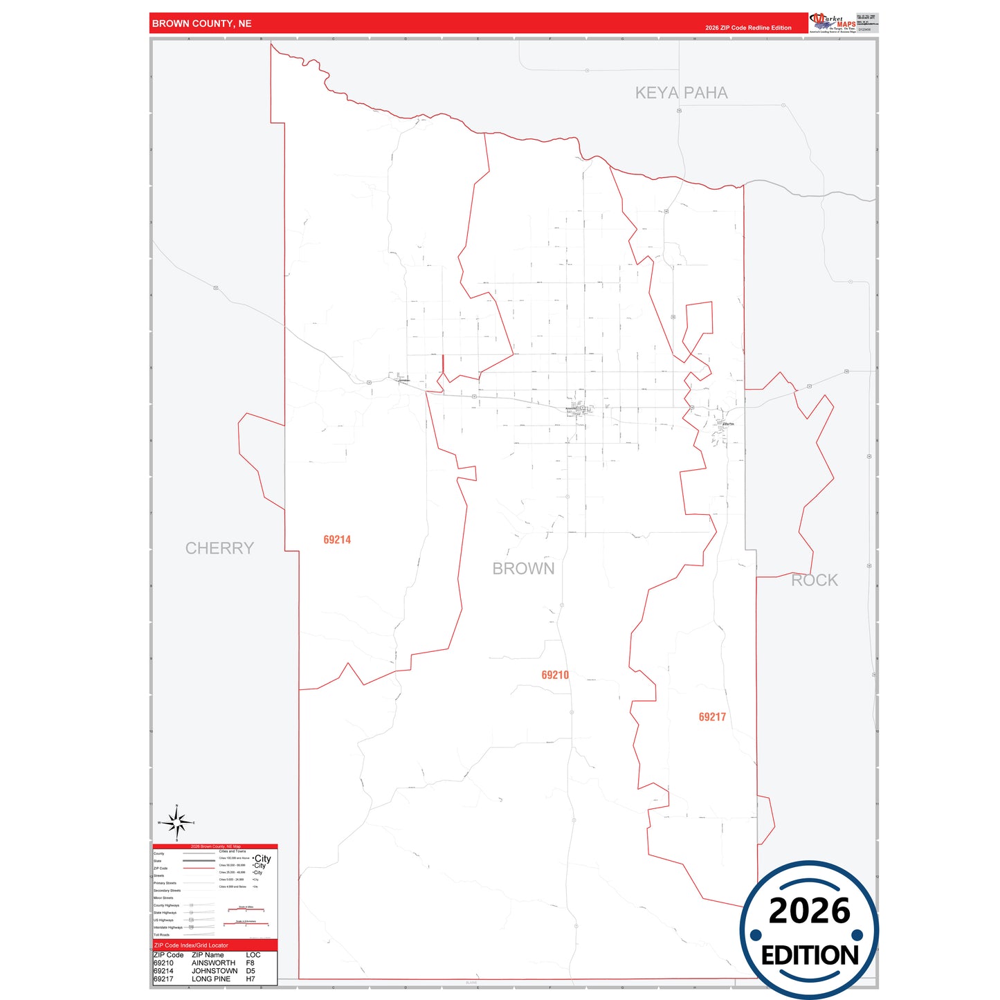 Brown County, NE Red Line 5 Digit ZIP Code Wall Map